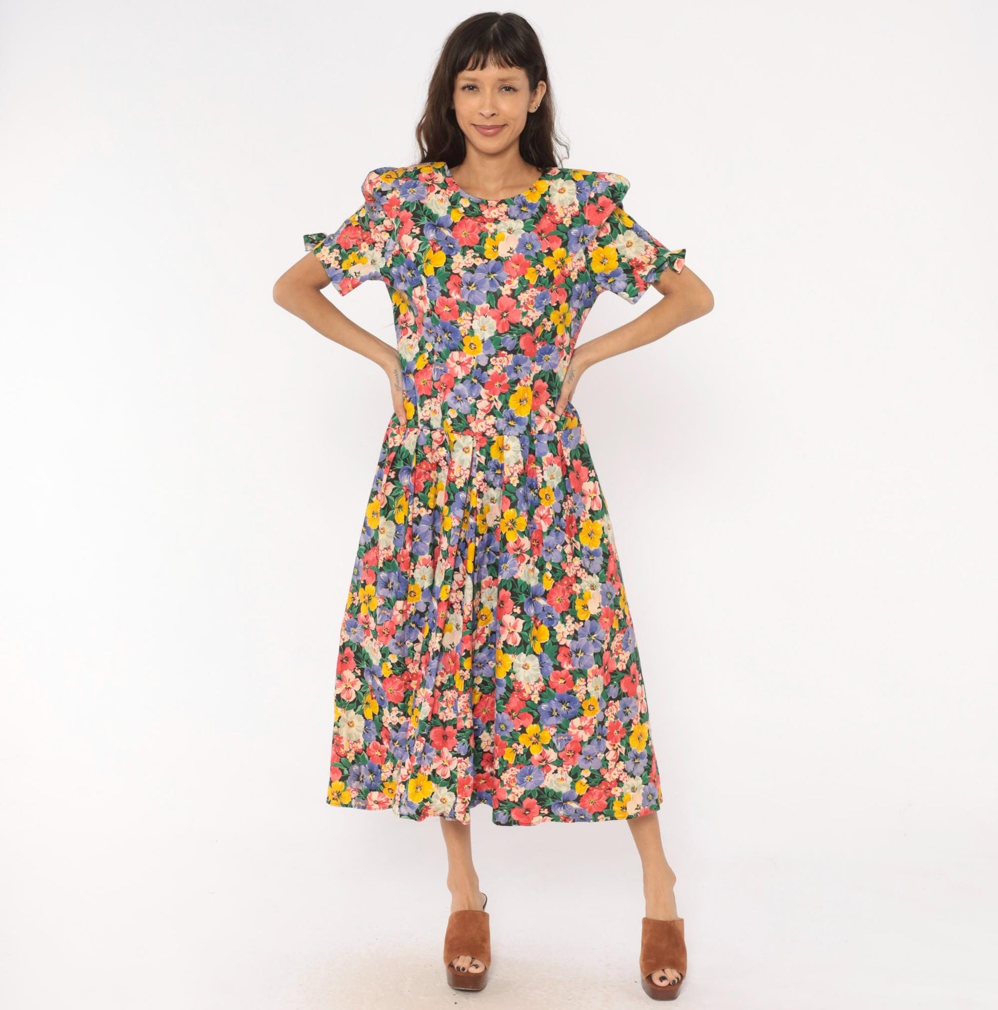 90s Kwai Floral Midi Dress Cutout Back Puff Sleeve Cotton Medium M