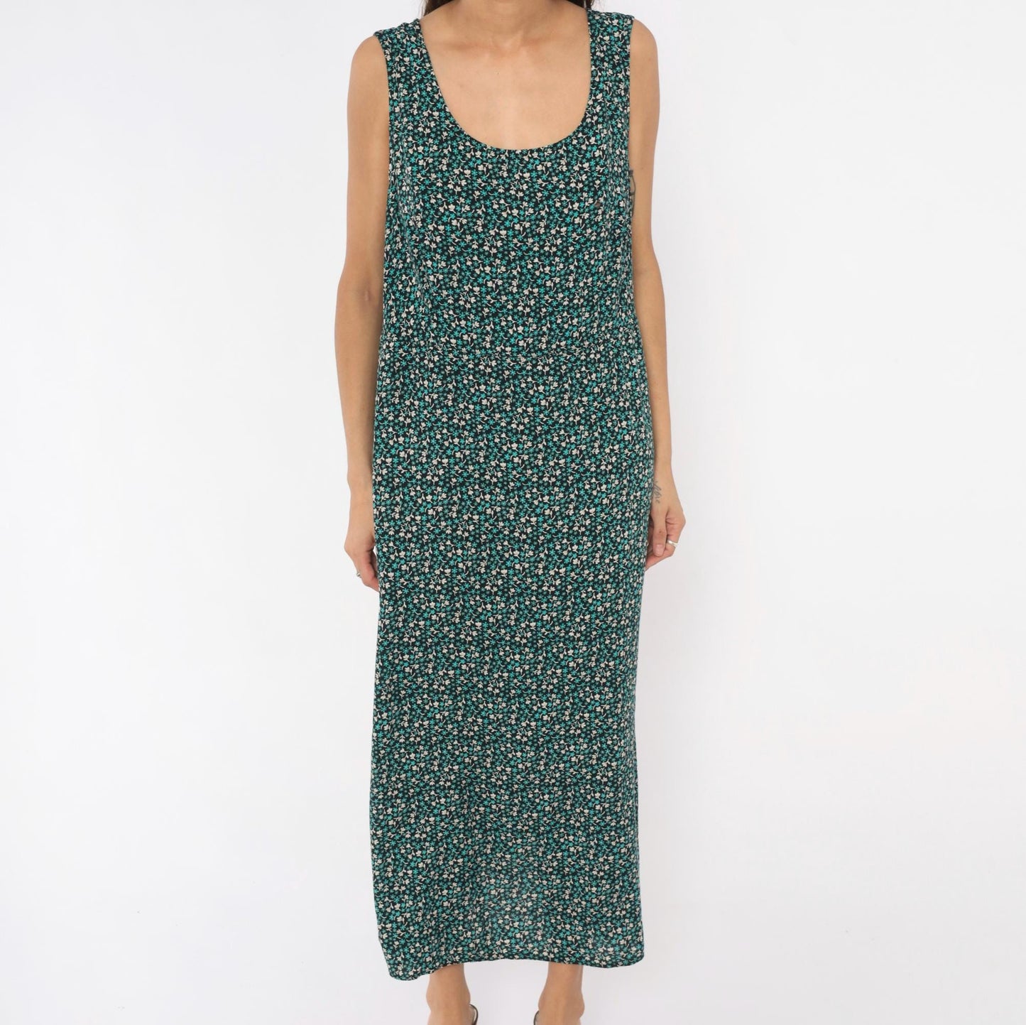 90s Teddi Woman Ditsy Floral Maxi Dress Teal Cream Black Tank Plus Size XXL