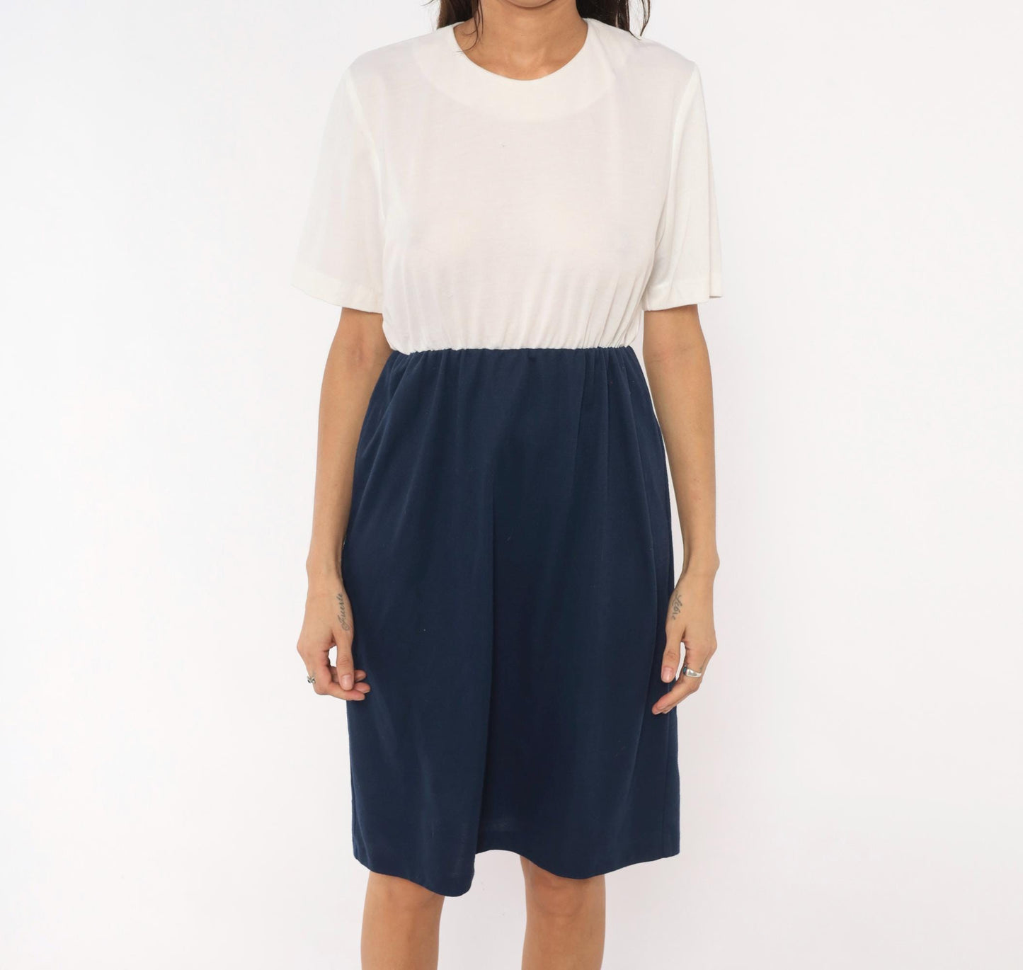 80s Navy Cream Colorblock Dress Keyhole Back Button Knee-Length Medium Large