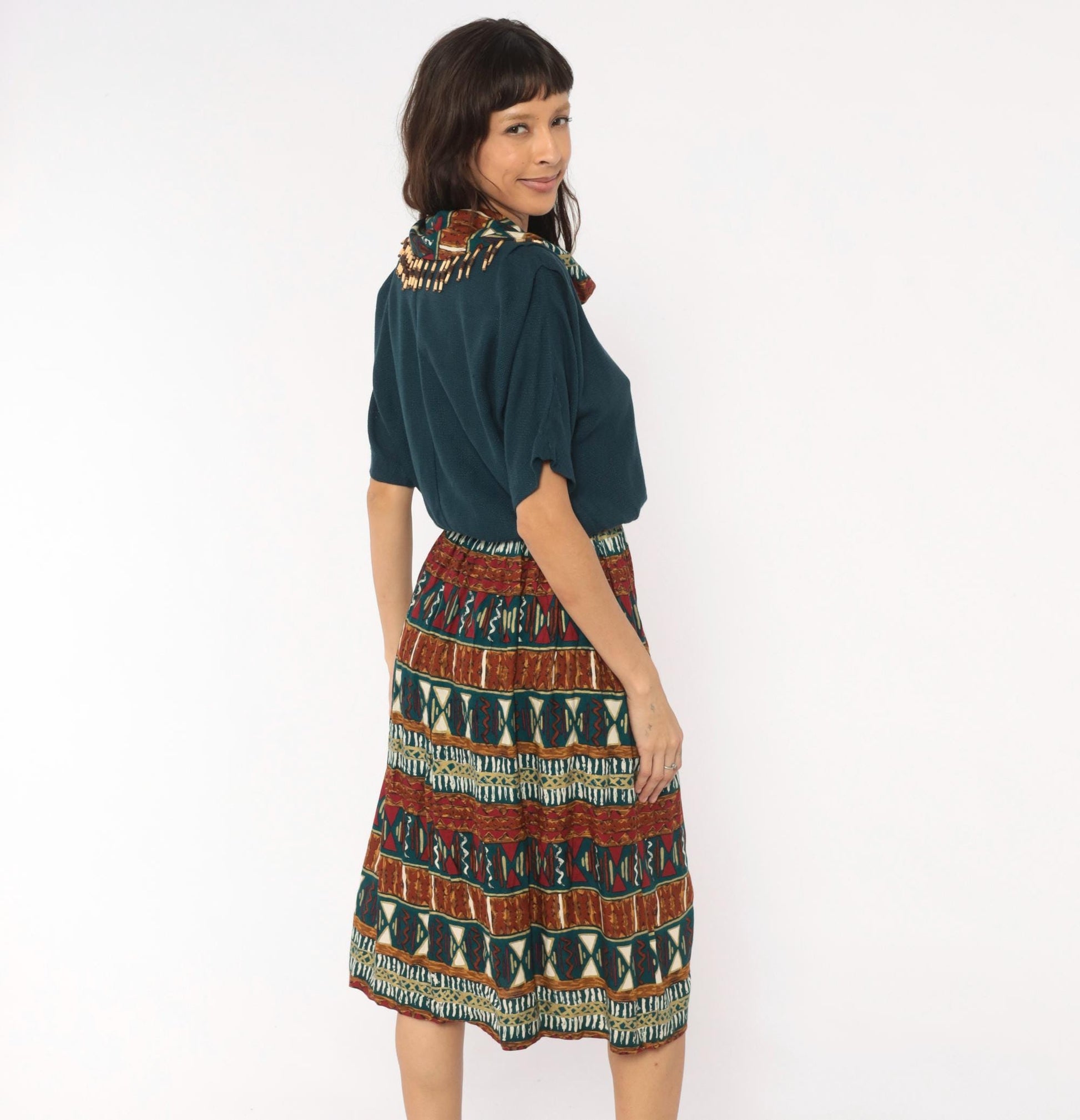 90s Stuart Alan Petites Tribal Print Dress Teal Burgundy Midi V Neck Medium