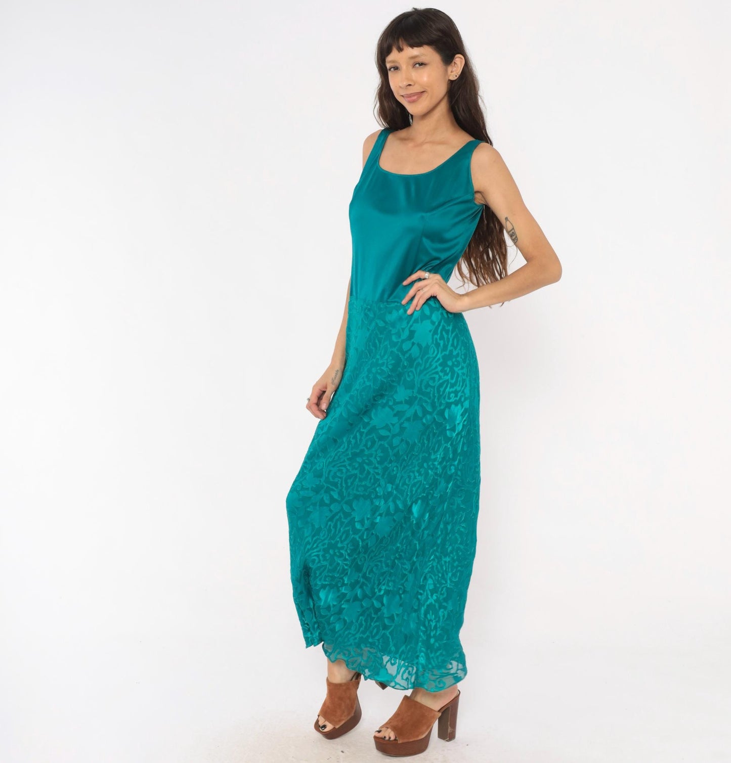 Y2K Cattiva Teal Silk Burnout Maxi Dress Floral Devore Scoop Neck Medium M
