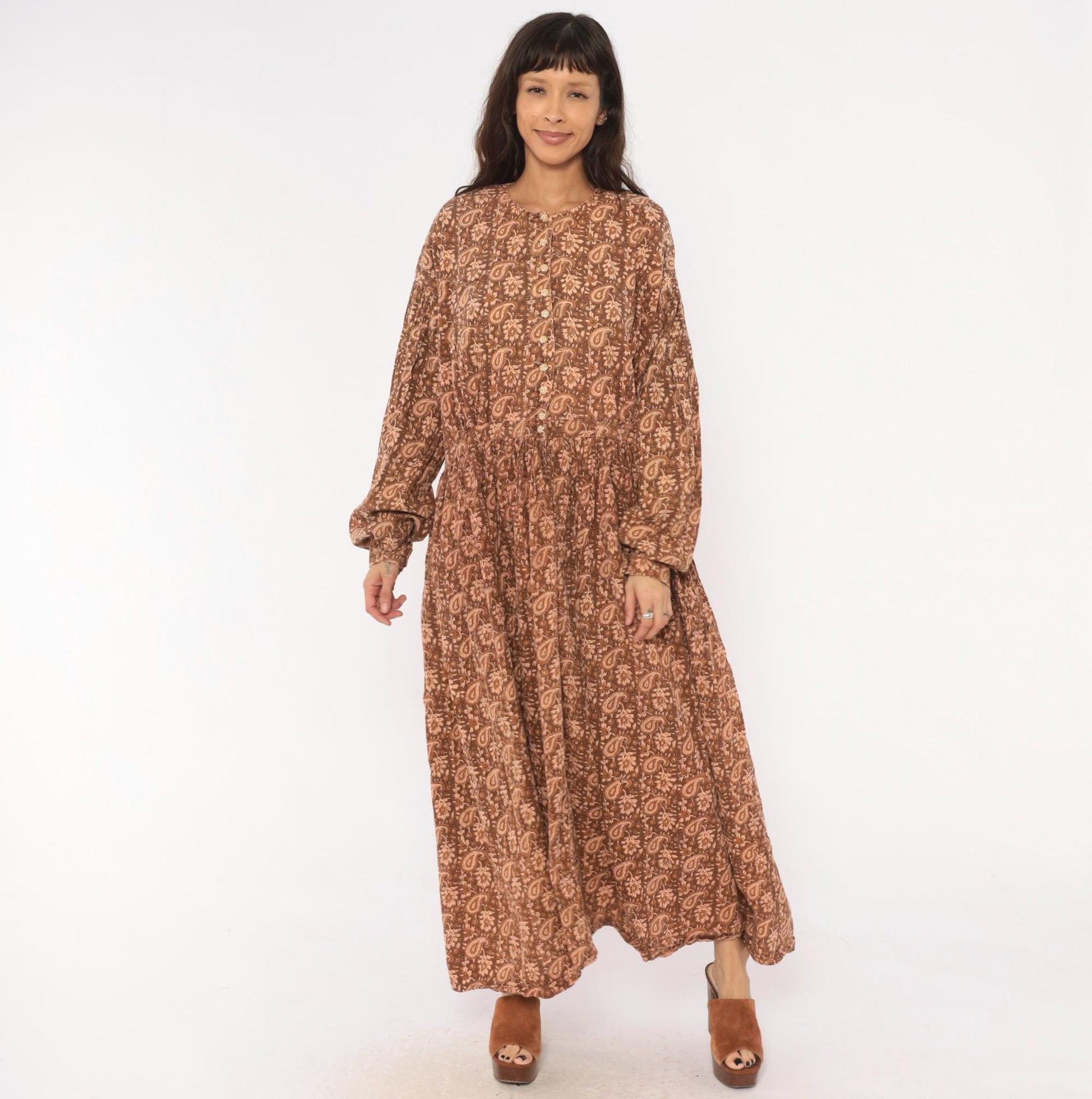 90s Brown Paisley Floral Maxi Dress Cotton Button Front Balloon Sleeve Large