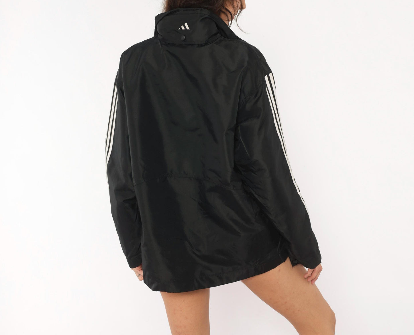 90s Adidas Windbreaker Black Olive Three Stripe Hooded Nylon Jacket Medium M