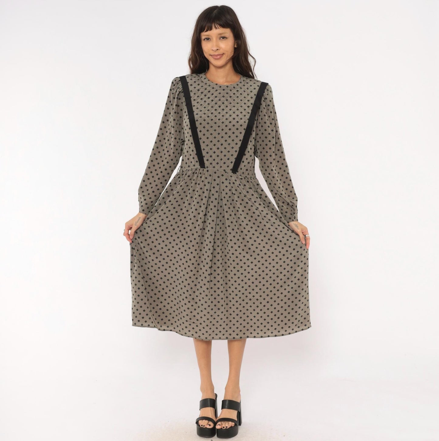 80s Donna Morgan Diamond Print Midi Dress Grey Balloon Sleeve Medium M