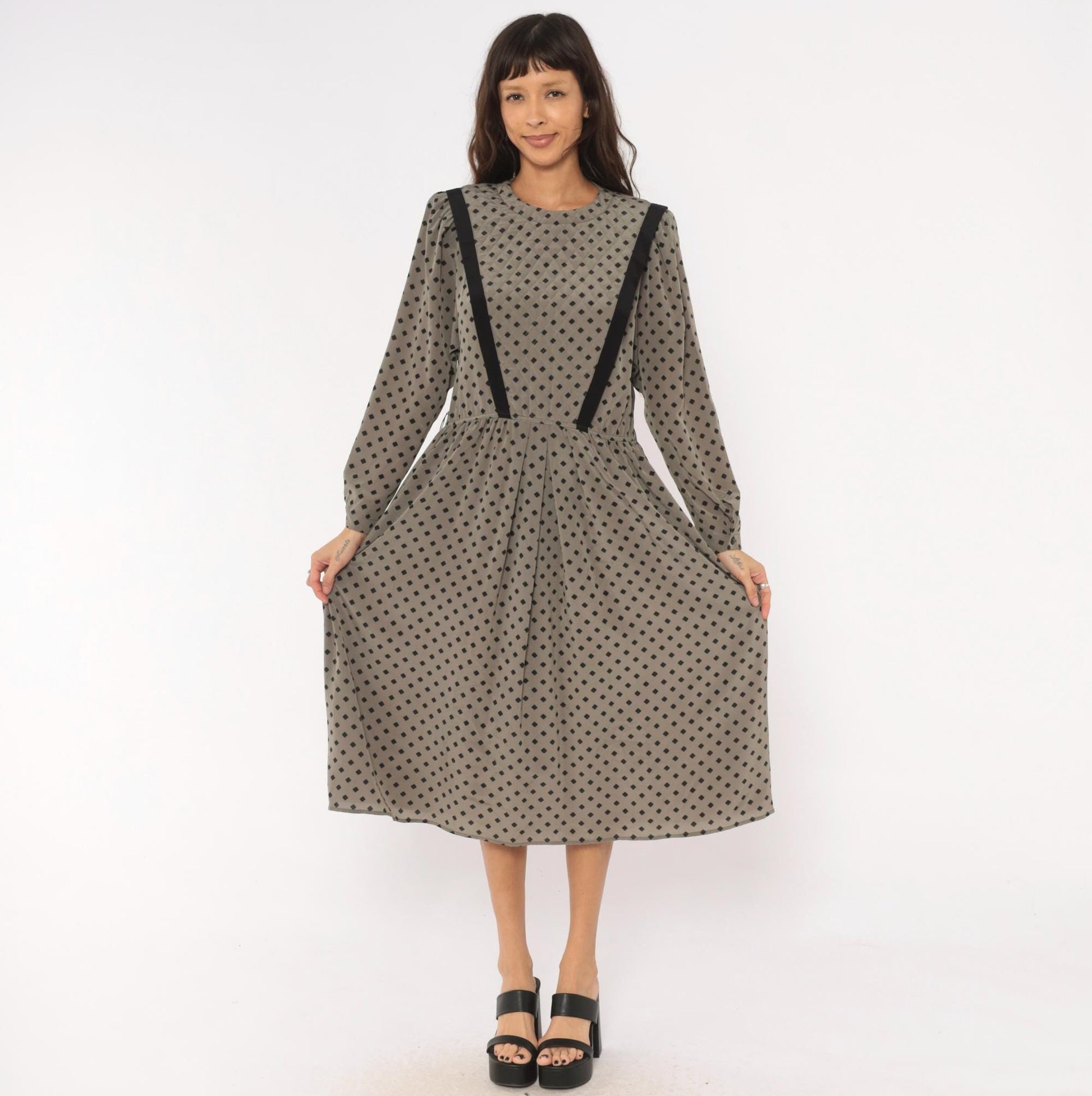 80s Donna Morgan Diamond Print Midi Dress Grey Balloon Sleeve Medium M
