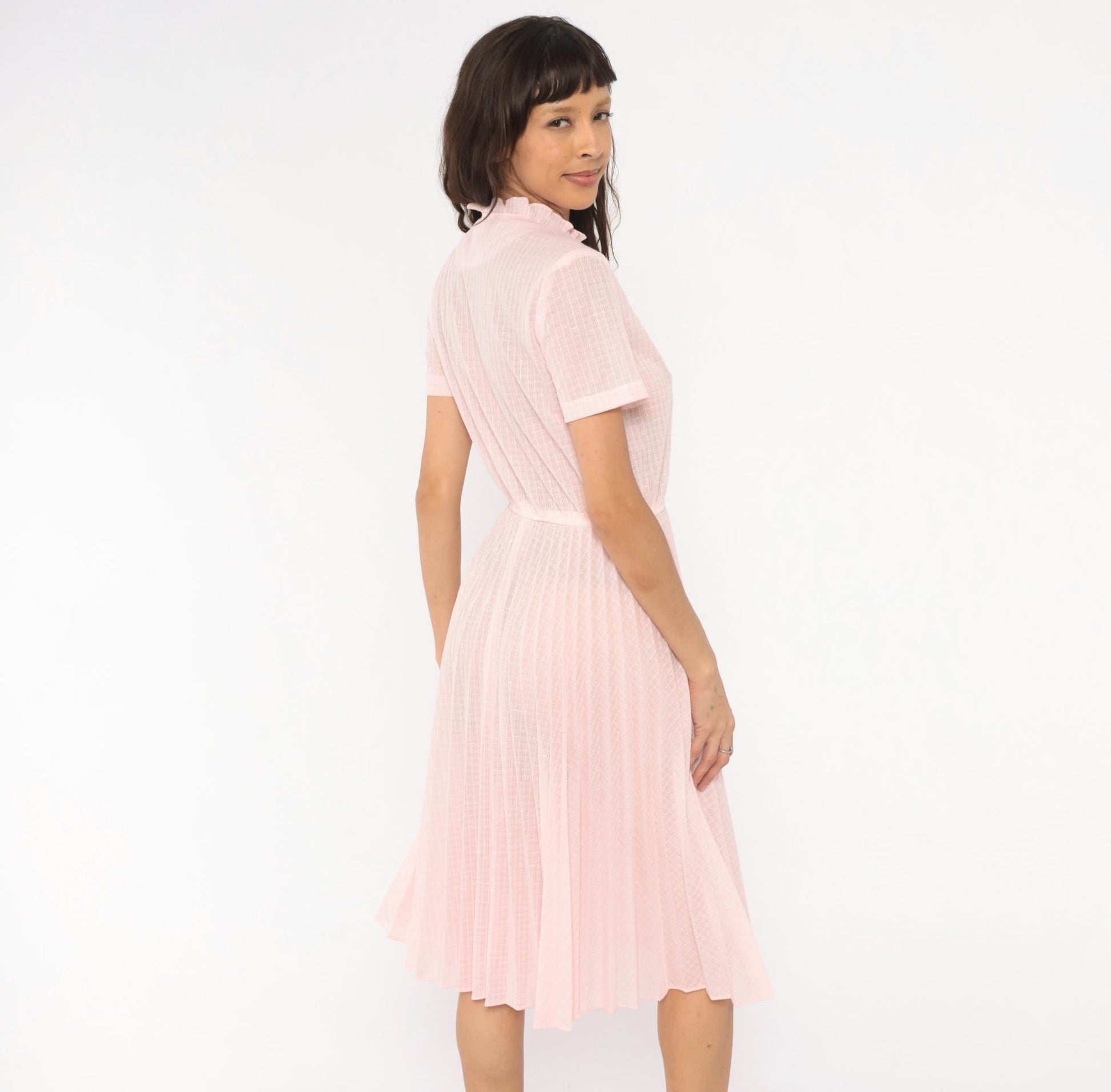 70s Blush Pink Shirtdress Pleated Midi Ruffled Collar Puff Sleeve Small S