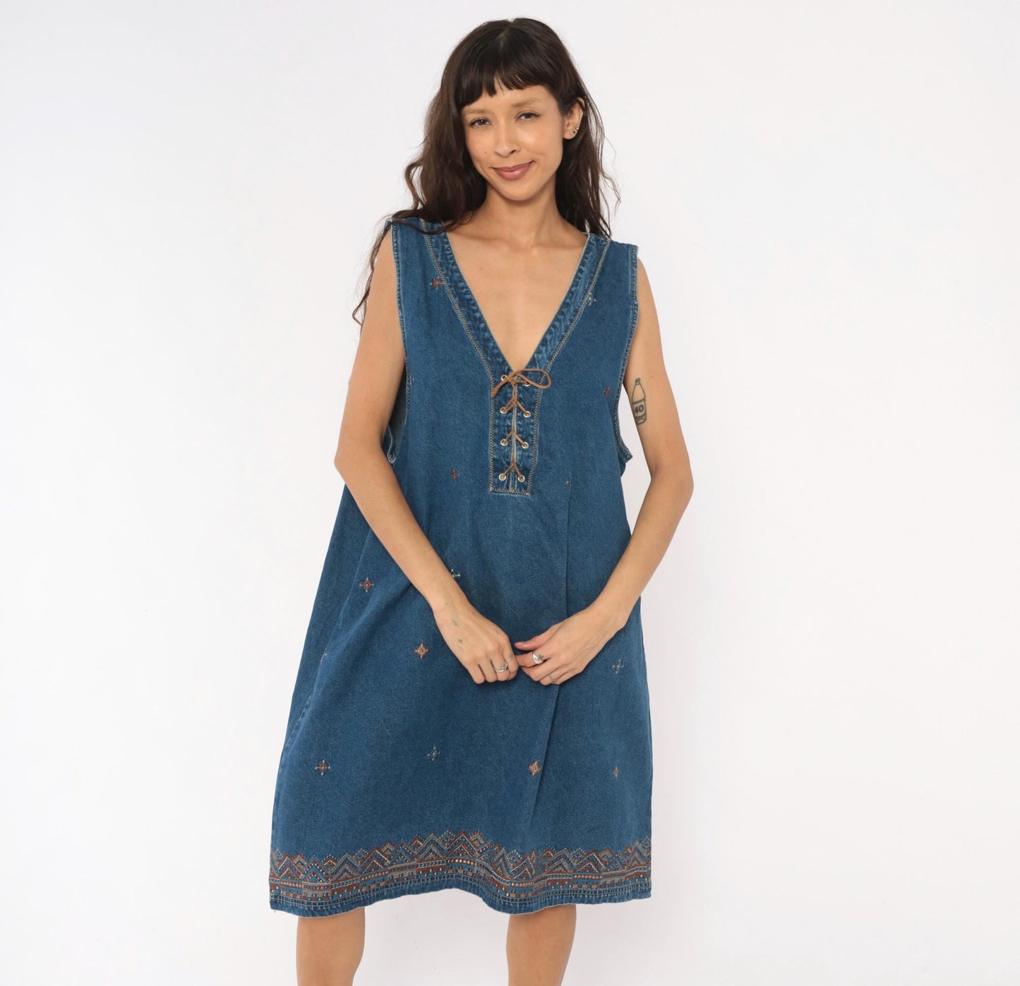 90s J.L. NY Southwestern Denim Dress Embroidered Lace-Up Navy Plus Size XXL