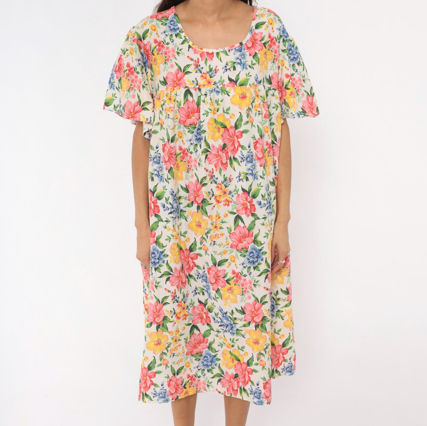 80s Floral Muumuu Dress Pink Yellow Blue Garden Print White Plus Size XXL