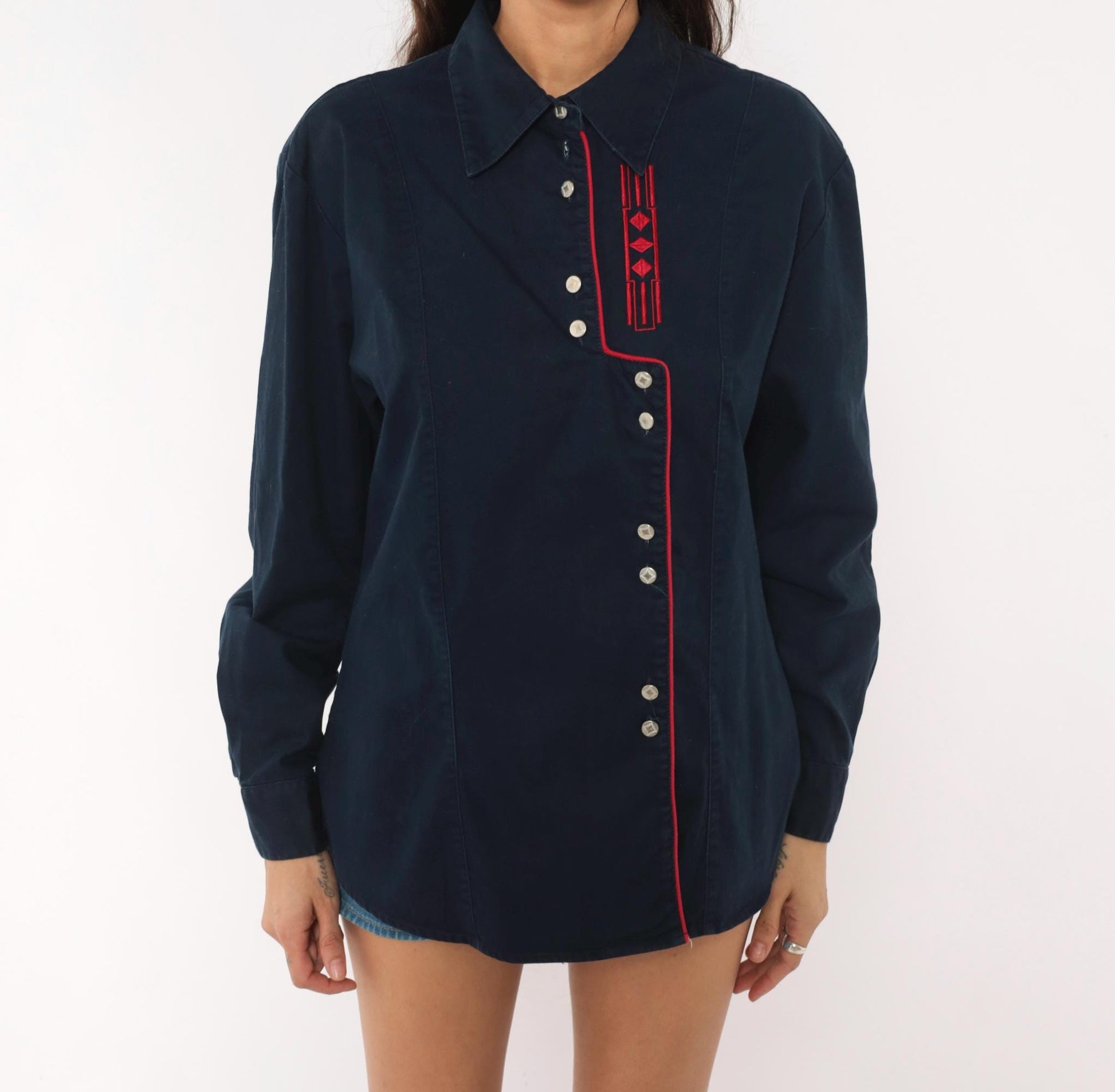 90s Wrangler Western Shirt Navy Blue Embroidered Diamond Snap Button Extra Large XL