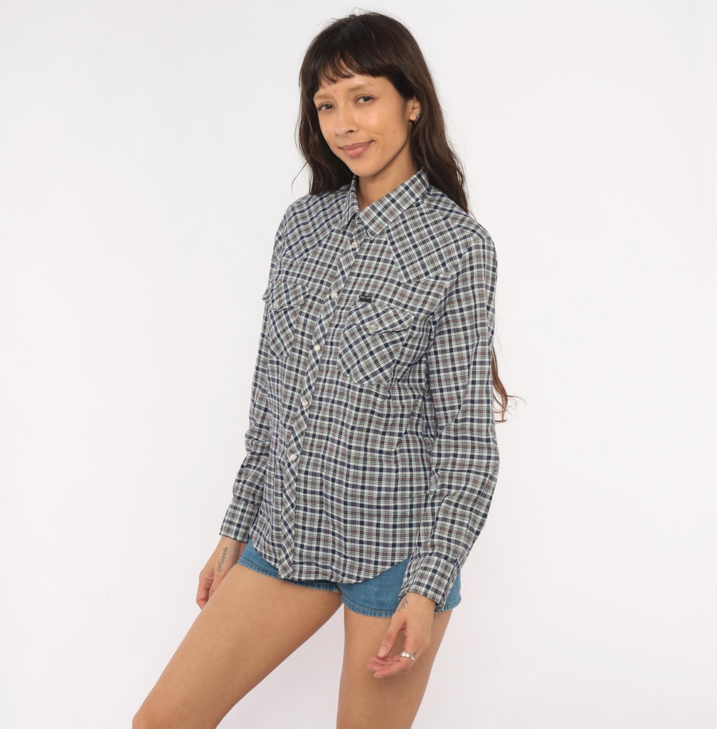 80s Stir Ups Western Plaid Pearl Snap Shirt Navy White Check Cotton Medium