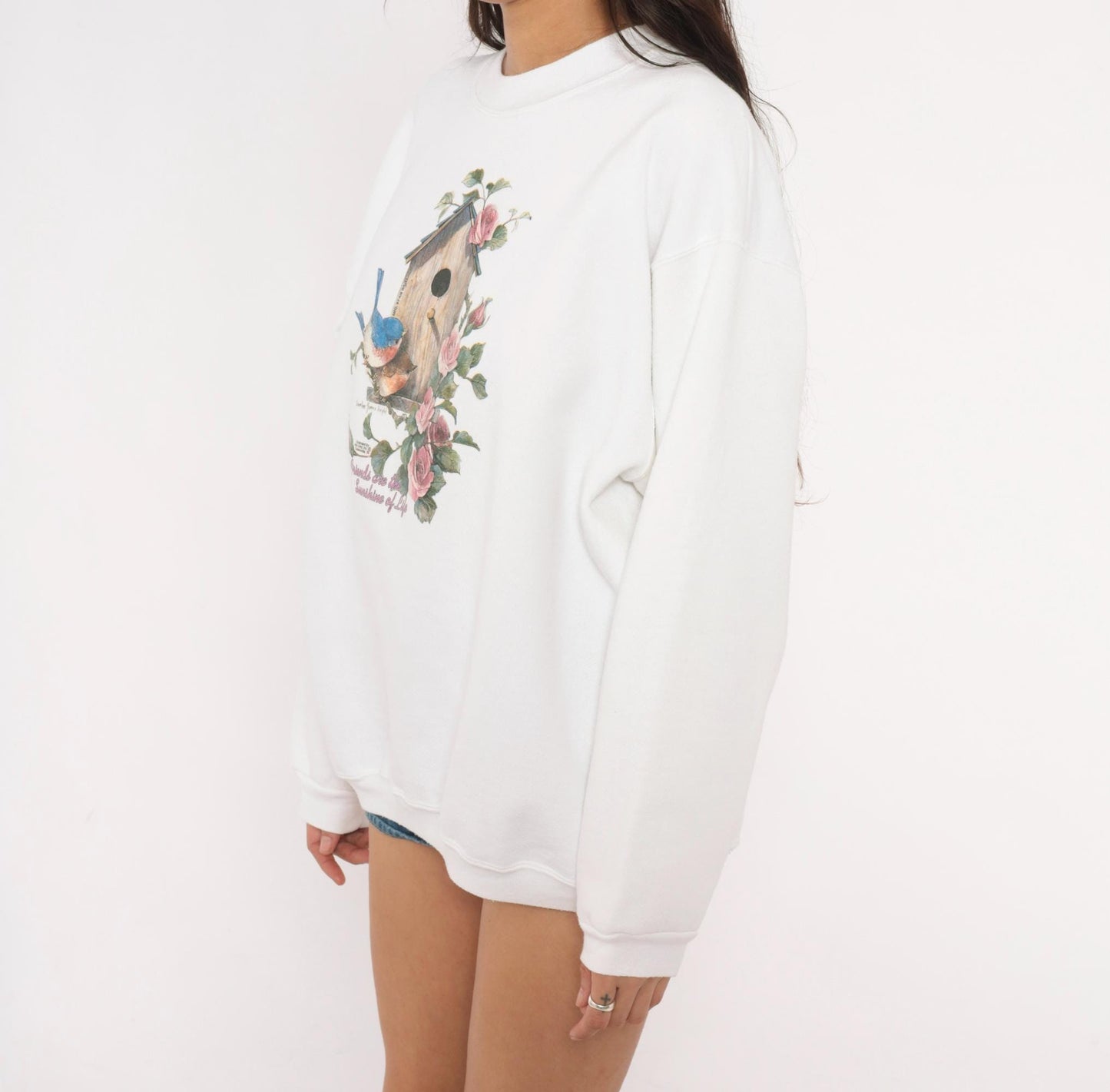90s Birdhouse Roses Crewneck Sweatshirt White Graphic Floral Extra Large