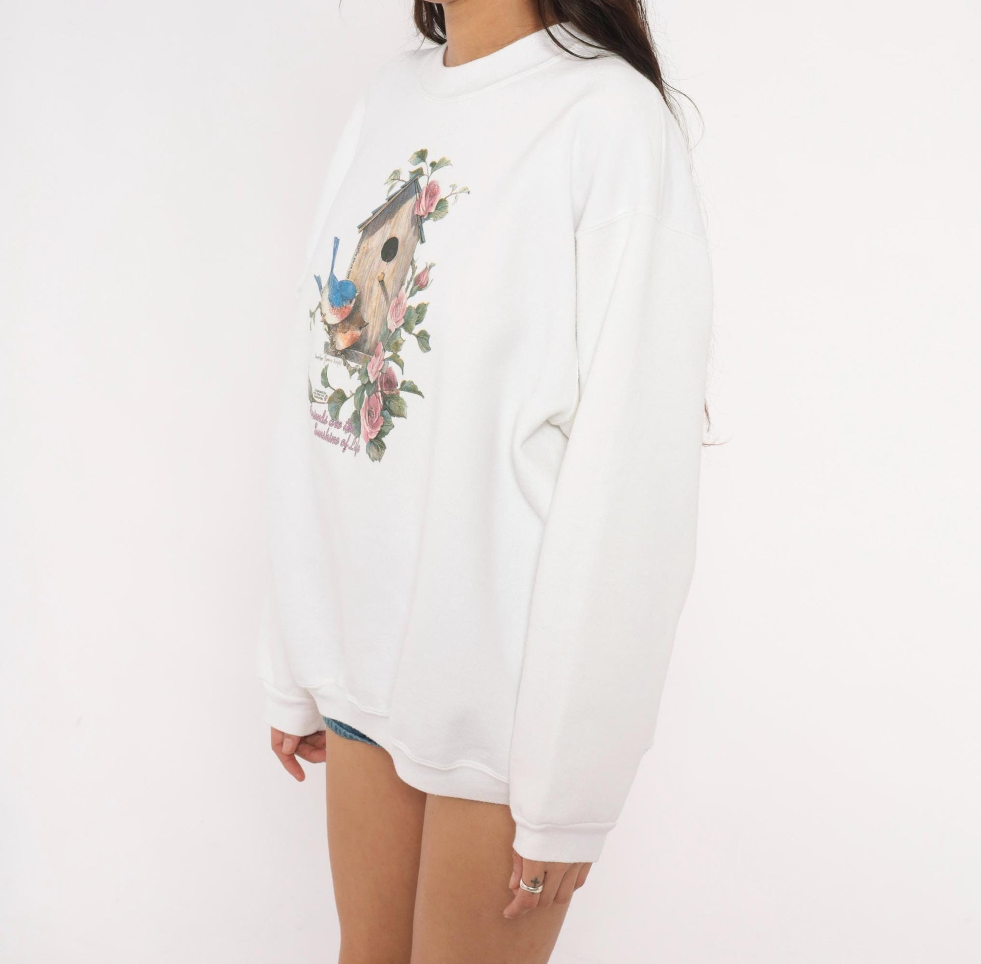 90s Birdhouse Roses Crewneck Sweatshirt White Graphic Floral Extra Large