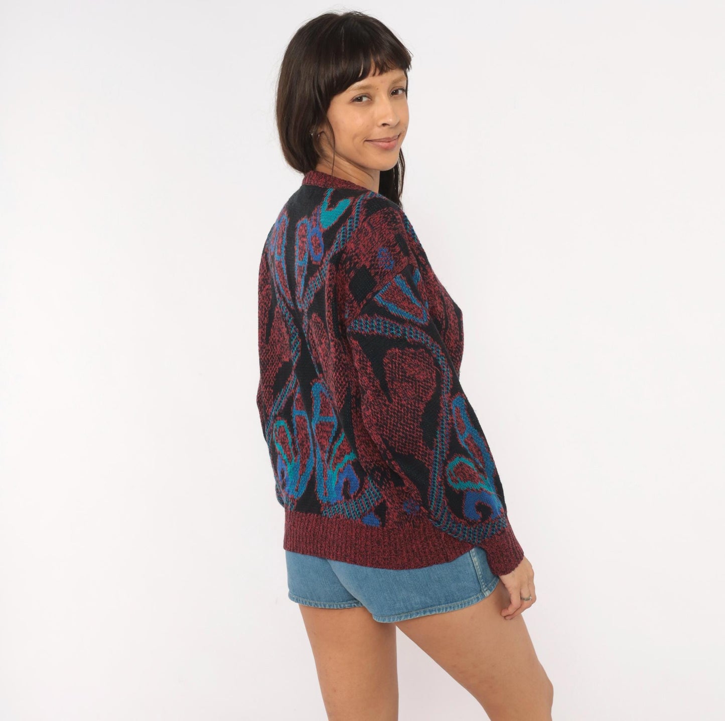 80s City Streets Abstract Knit Sweater Burgundy Teal Intarsia Medium