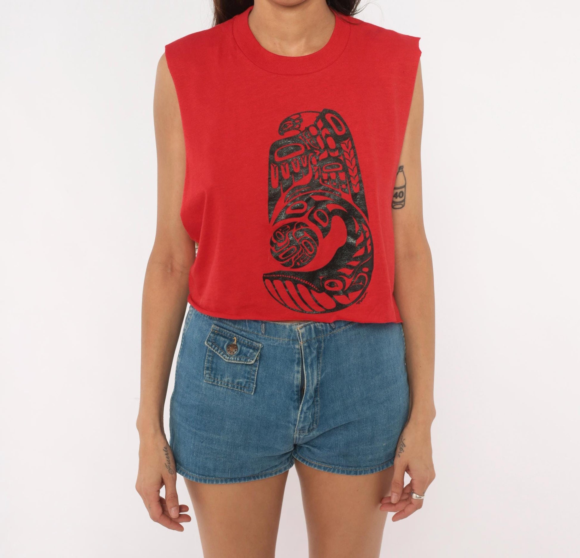 80s Healthknit Red Crop Tank Tribal Totem Print Black Sleeveless Small