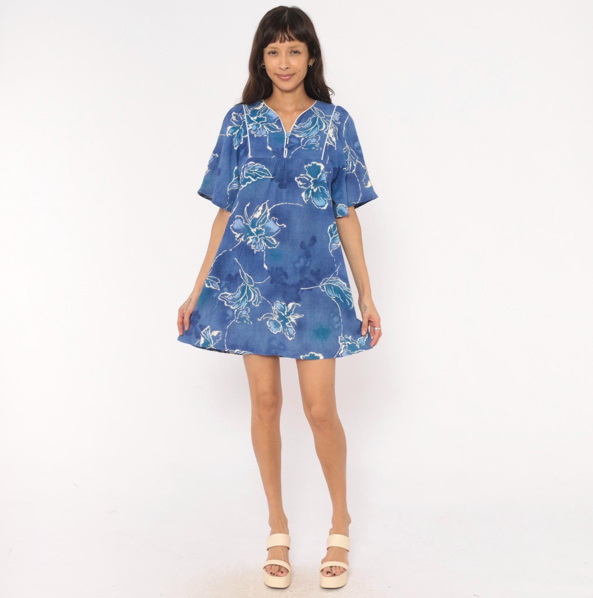 80s Sidan Blue Floral Shift Dress Flutter Sleeve Empire Waist Medium M