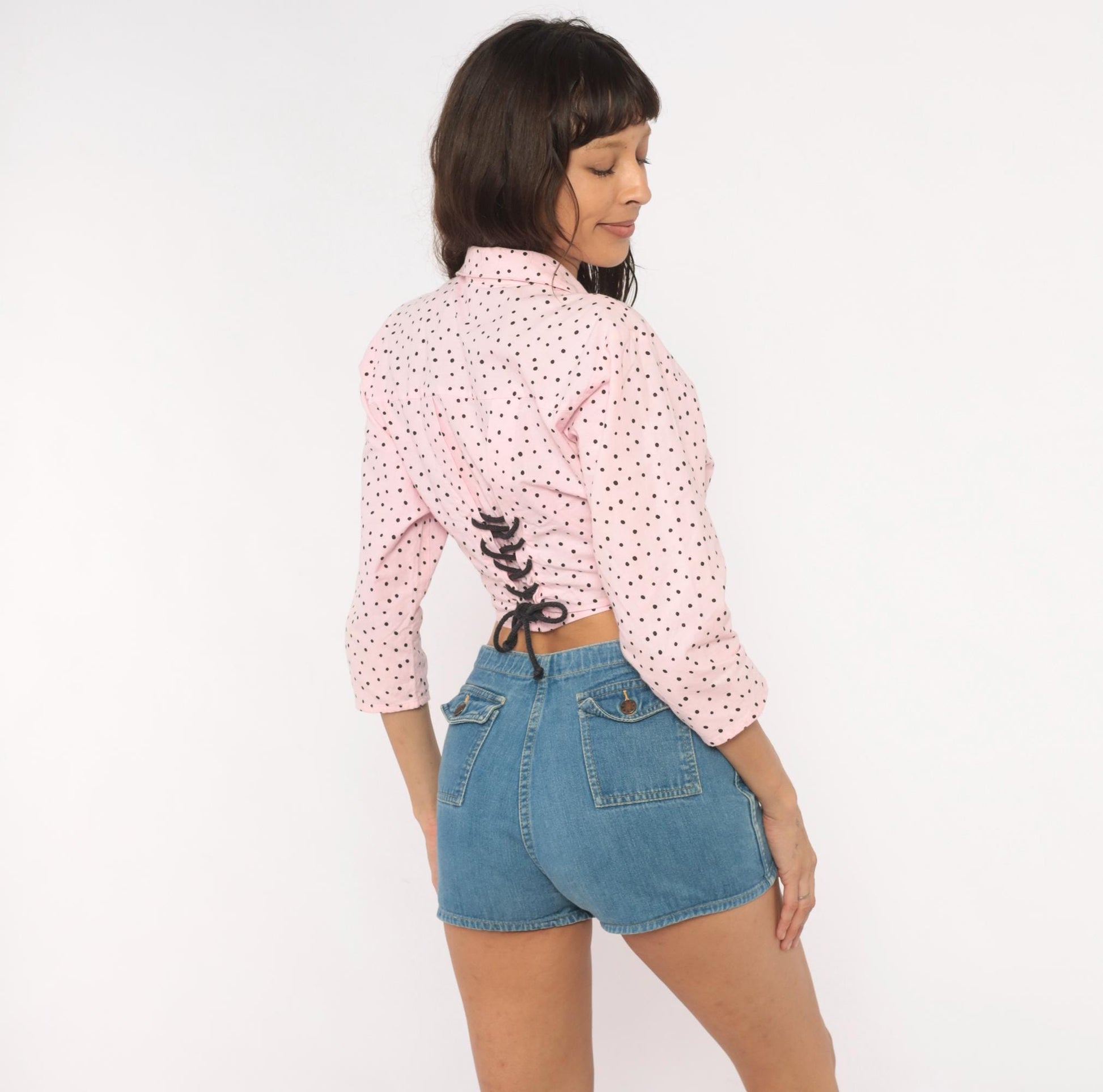 90s Sitting Pretty Pink Black Polka Dot Crop Top Cotton Button Front Small S