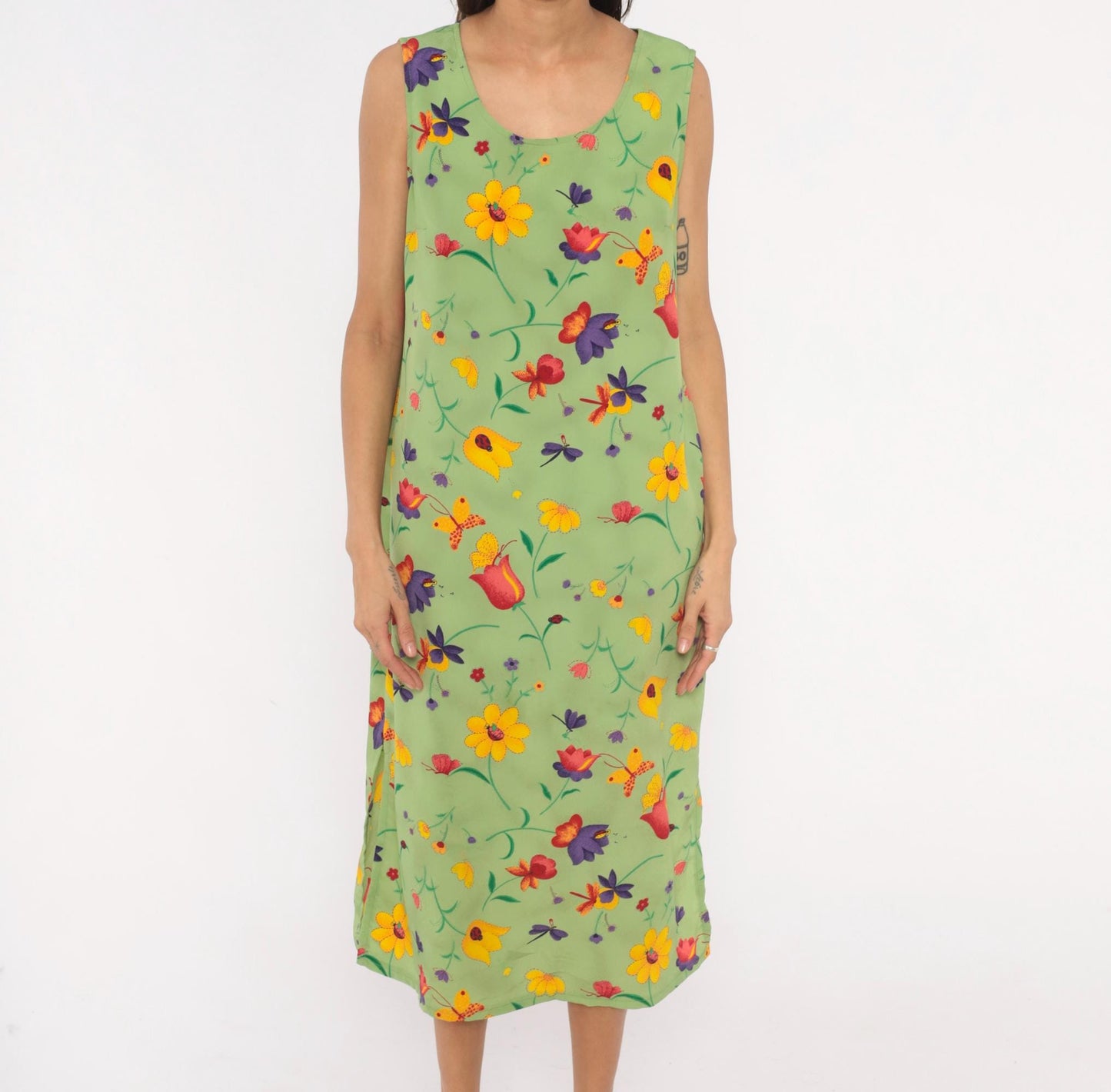90s Sag Harbor Garden Print Midi Dress Sage Green Floral Petite Large
