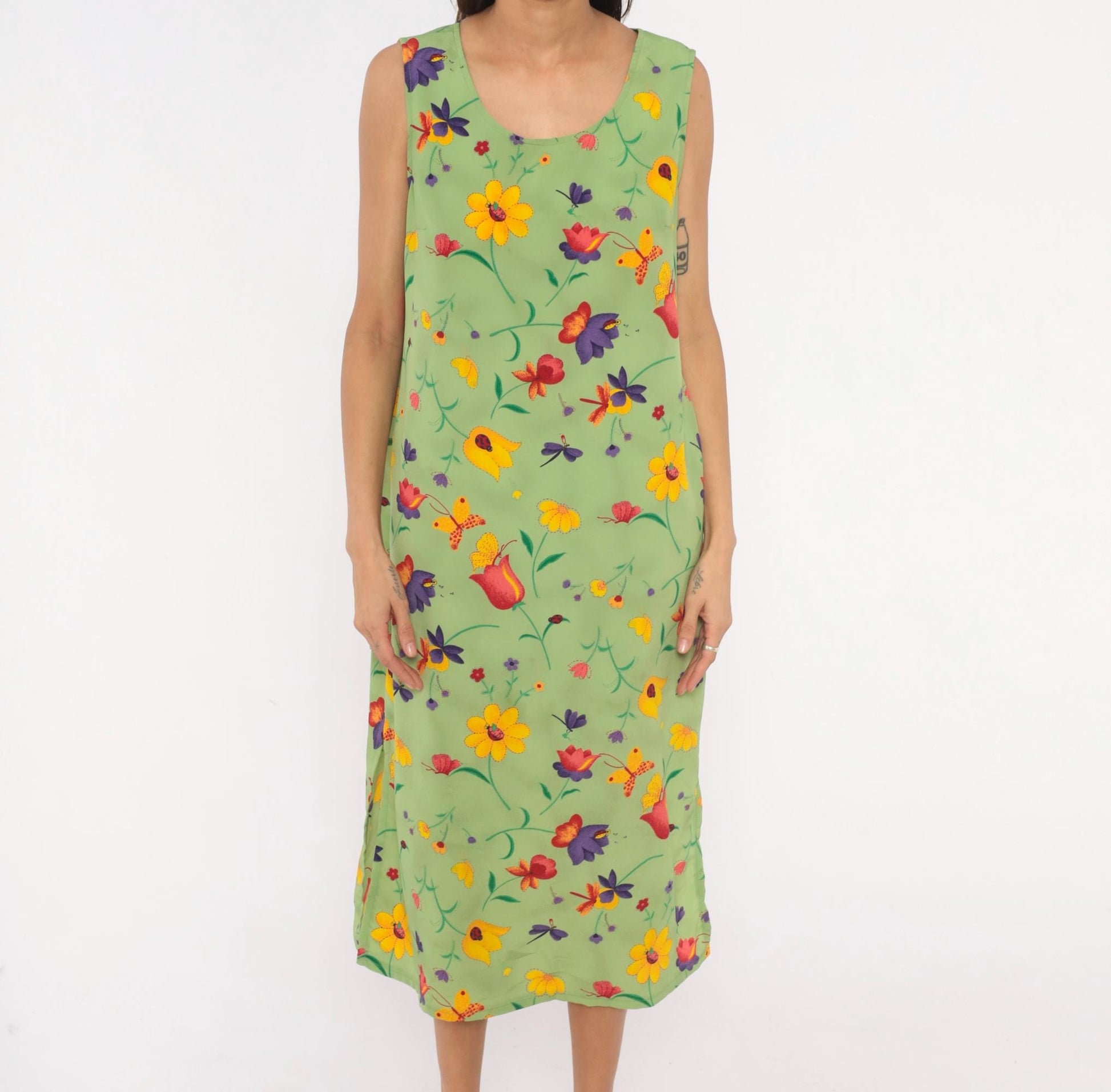 90s Sag Harbor Garden Print Midi Dress Sage Green Floral Petite Large