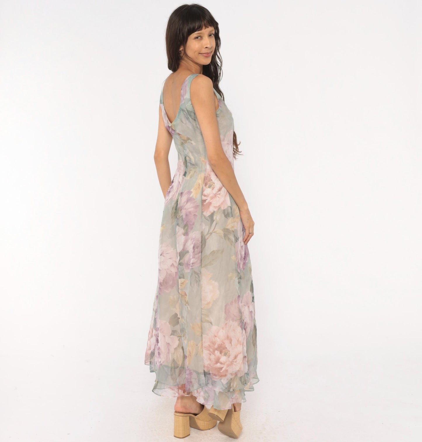 90s Hampton Nites Floral Maxi Dress Sage Pink Chiffon Sleeveless Medium M