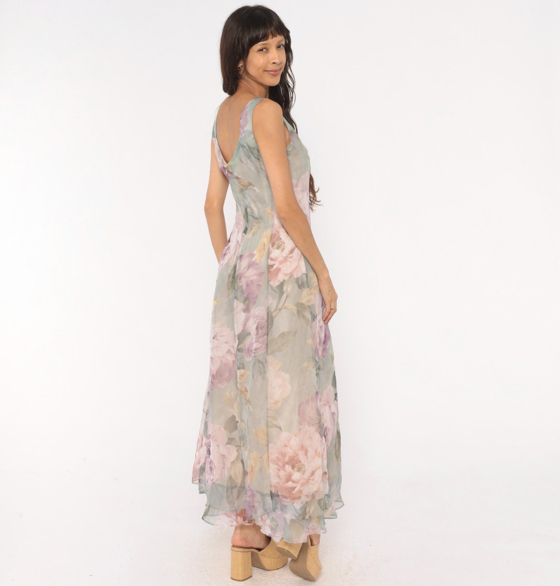 90s Hampton Nites Floral Maxi Dress Sage Pink Chiffon Sleeveless Medium M