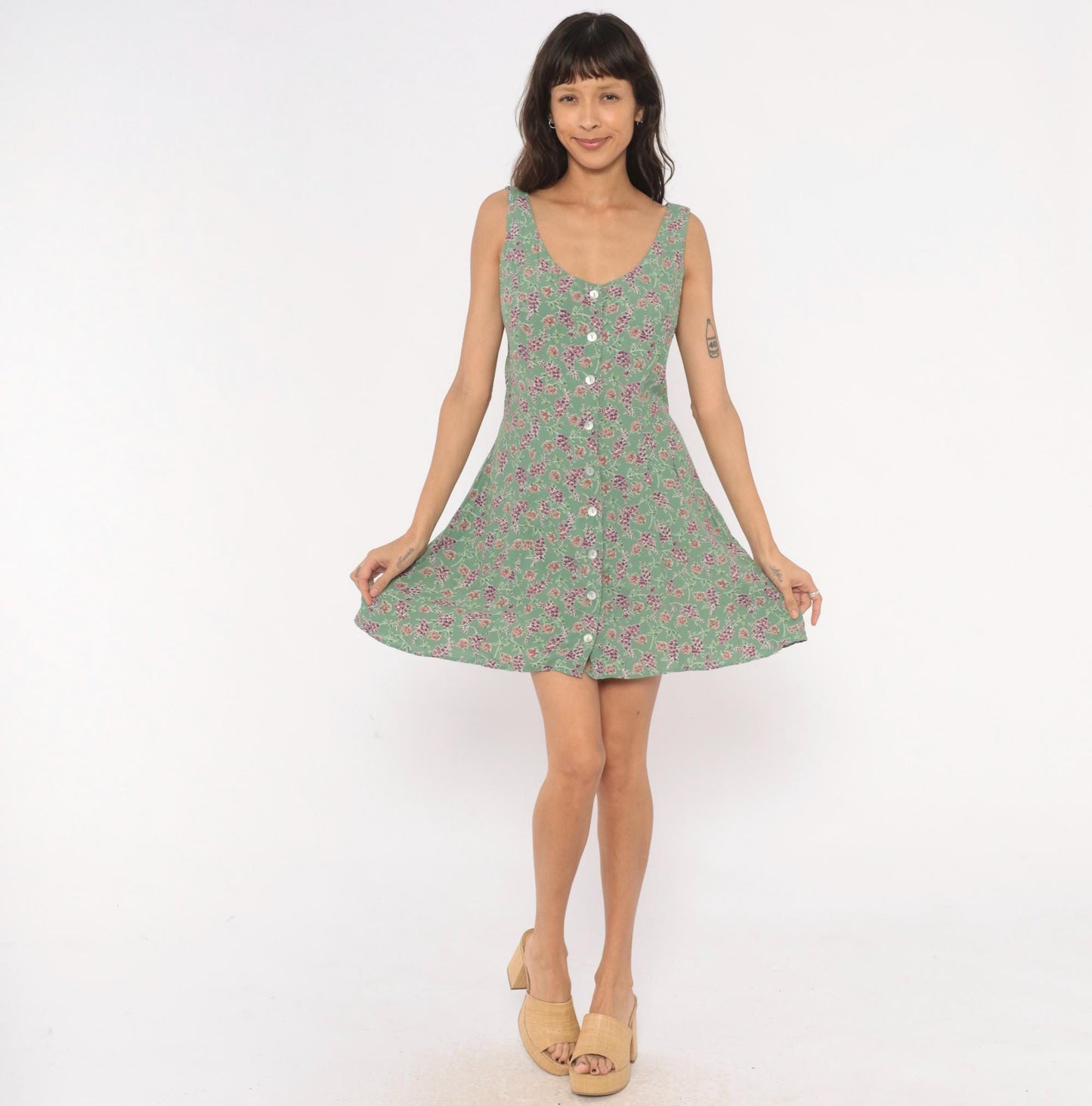 90s Robbie Bee Floral Mini Sundress Sage Green Button Front Large