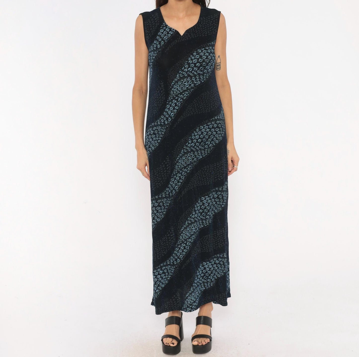 90s Black Blue Leopard Stripe Maxi Dress Sleeveless V Neck Extra Large XL