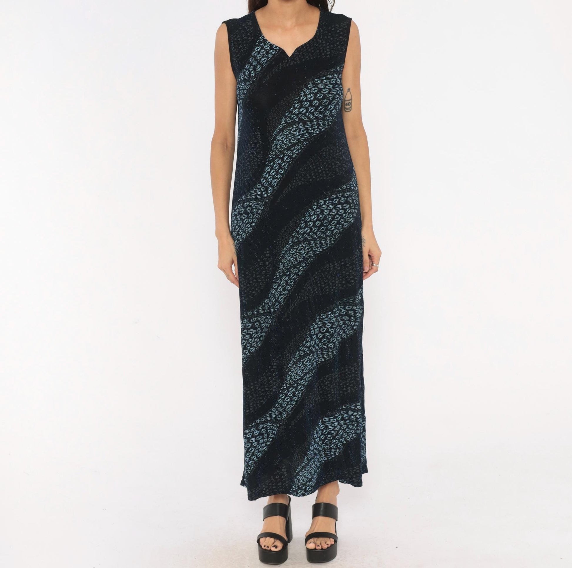 90s Black Blue Leopard Stripe Maxi Dress Sleeveless V Neck Extra Large XL