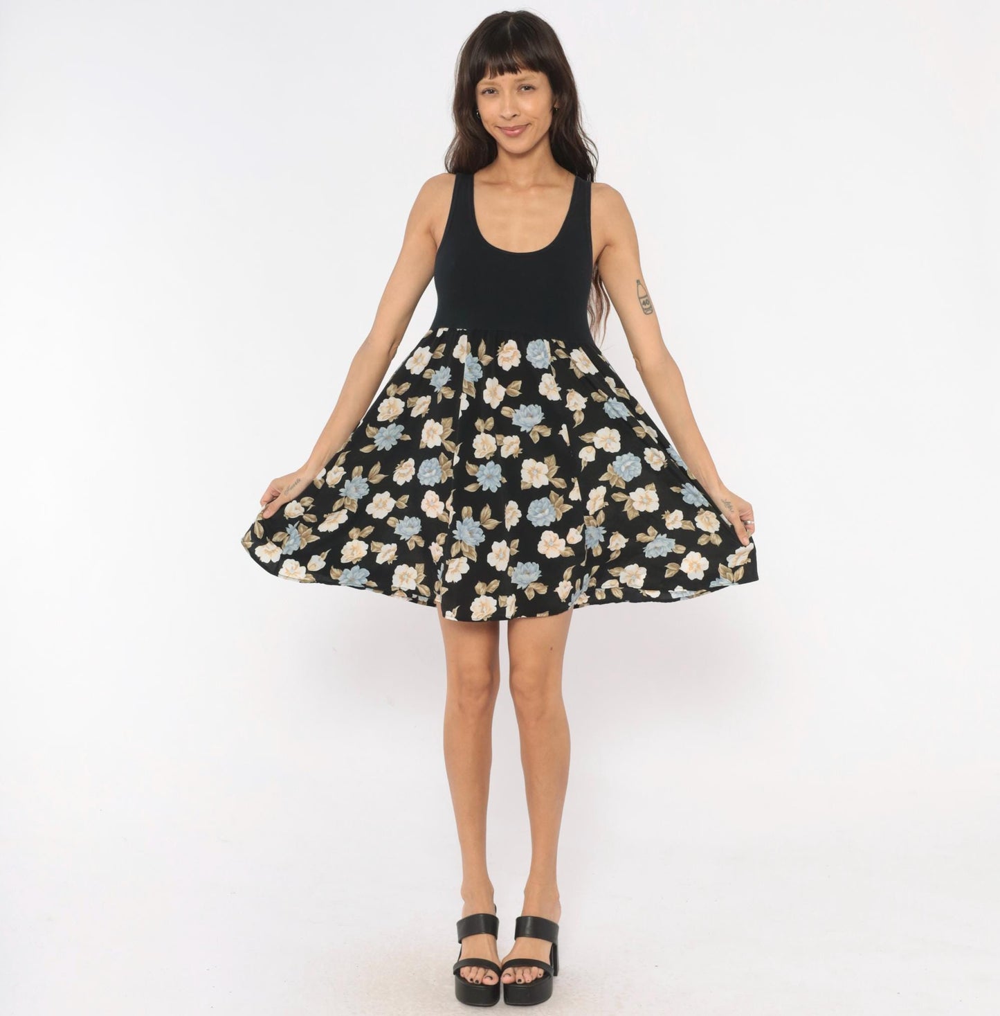 90s Floral Babydoll Mini Tank Dress Black Blue Cream Medium M