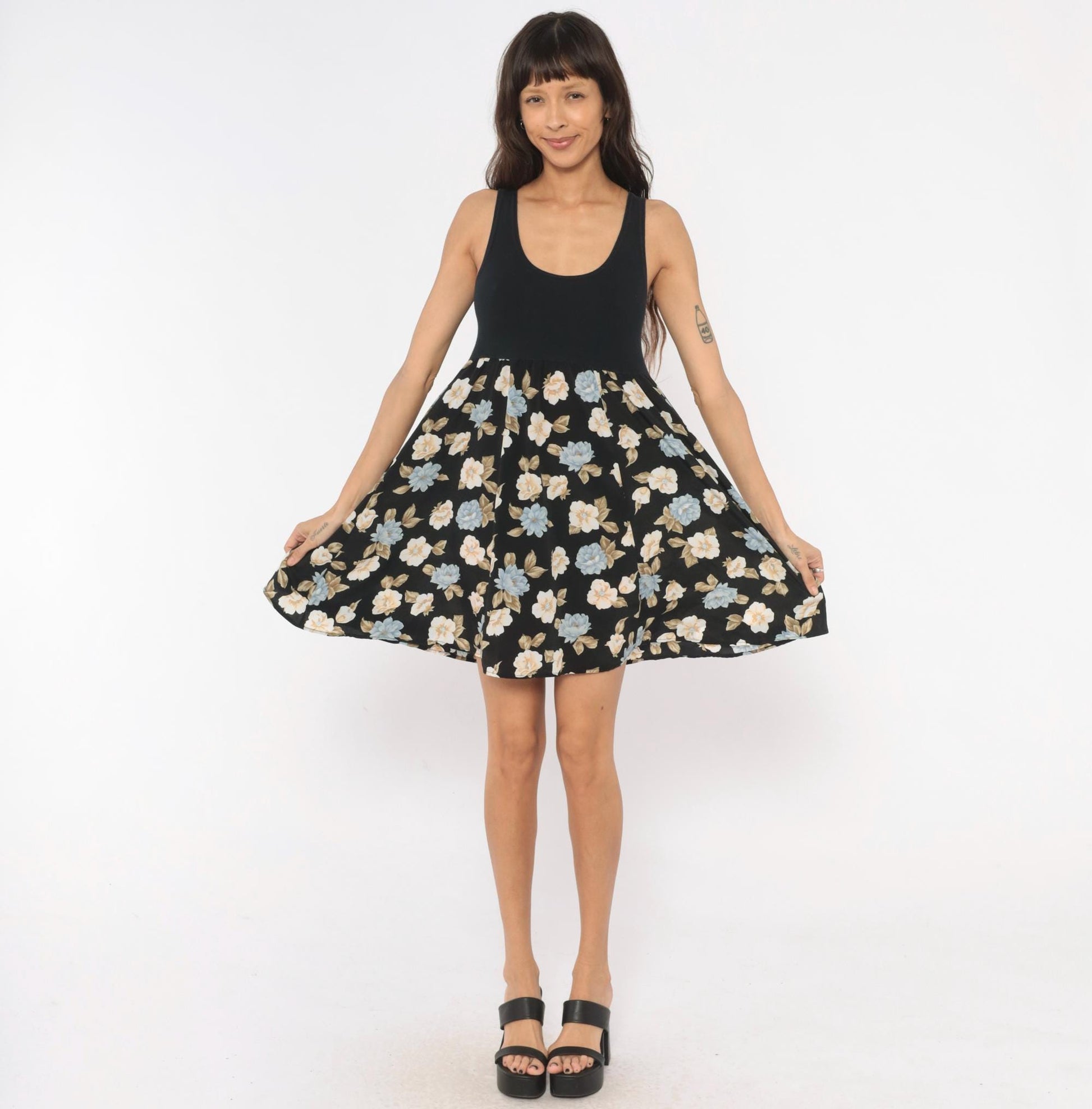 90s Floral Babydoll Mini Tank Dress Black Blue Cream Medium M
