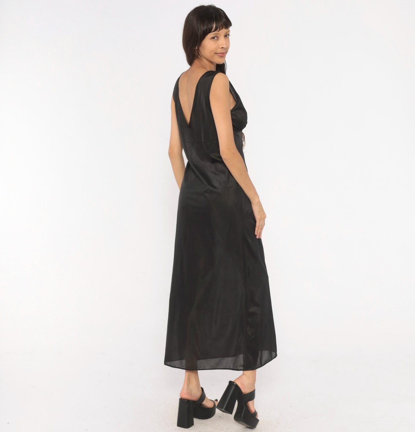 90s Black Sheer Maxi Slip Dress Deep V Neck Empire Waist Medium