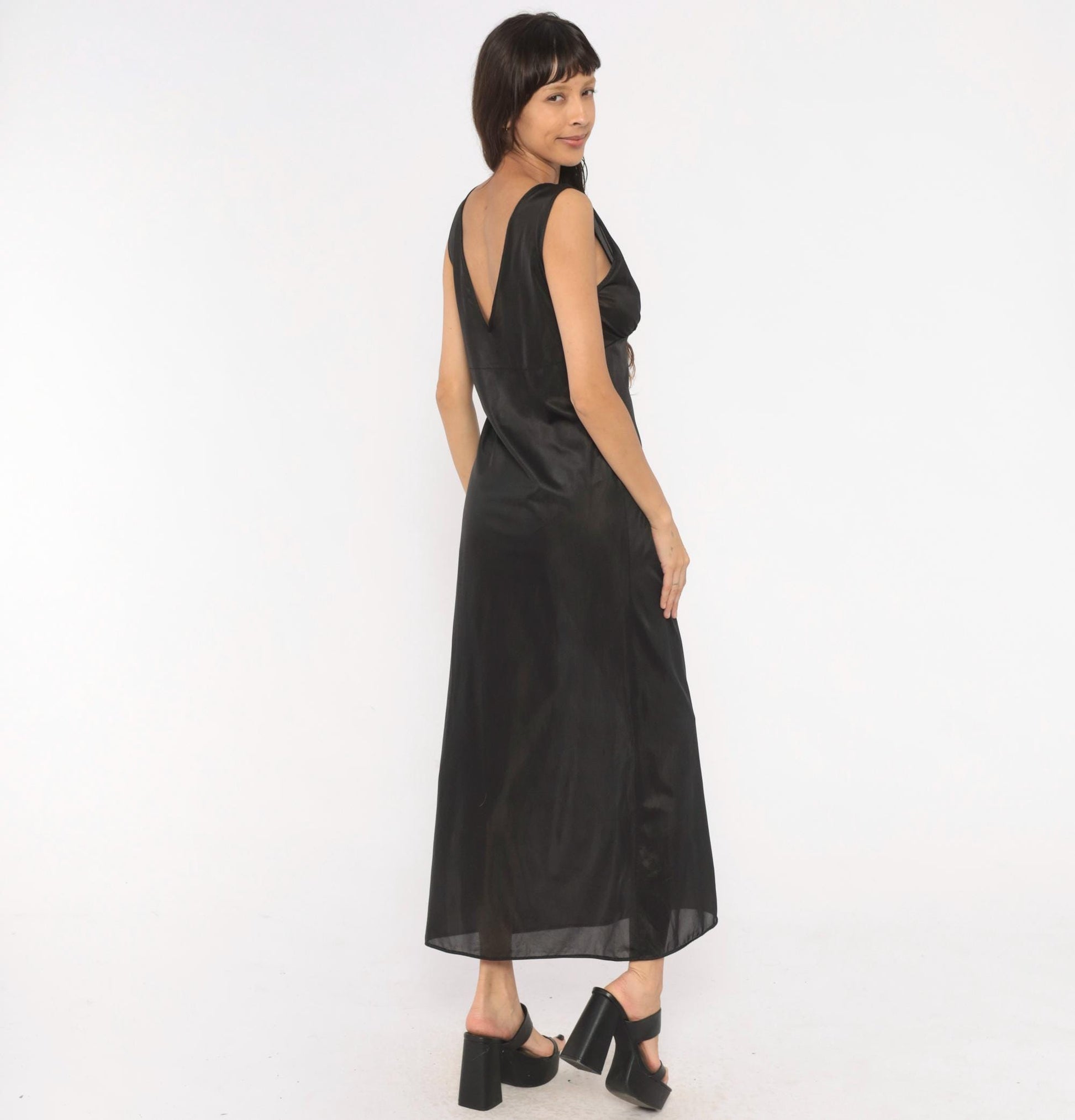 90s Black Sheer Maxi Slip Dress Deep V Neck Empire Waist Medium