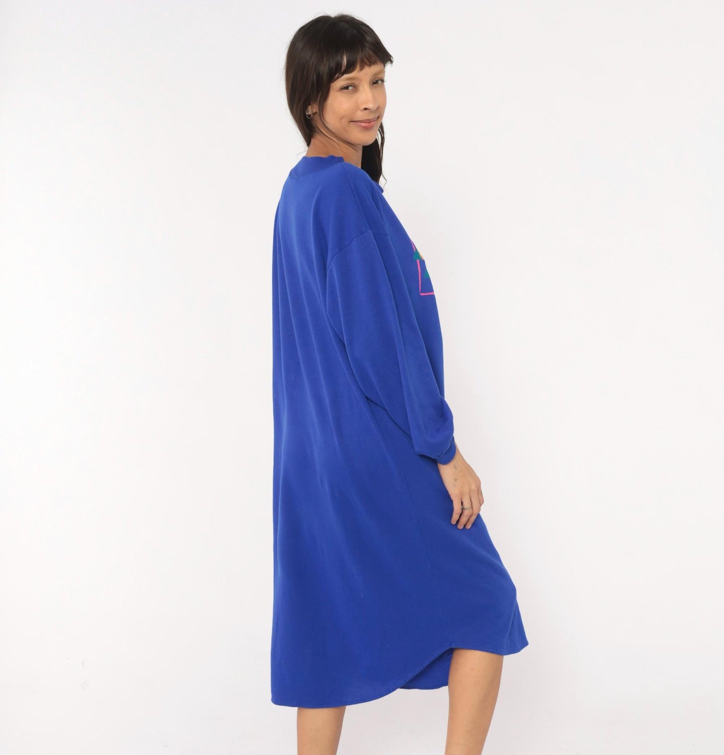 90s Leisure Wear Floral Sweatshirt Dress Cobalt Blue Balloon Sleeve Midi