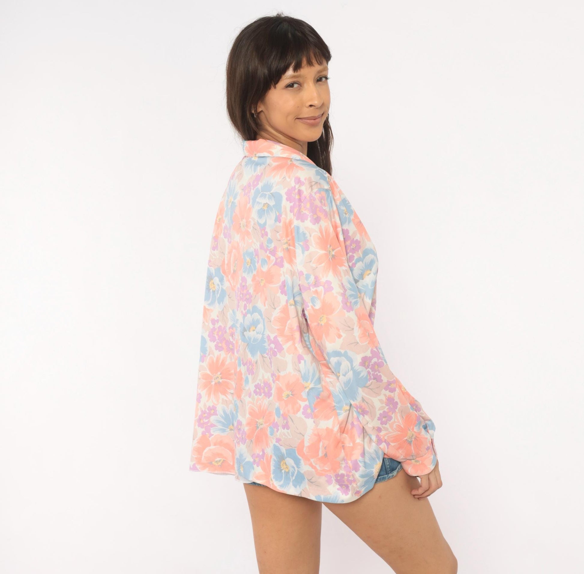 80s The Fire Islander Woman Floral Button Blouse Coral Periwinkle Large L