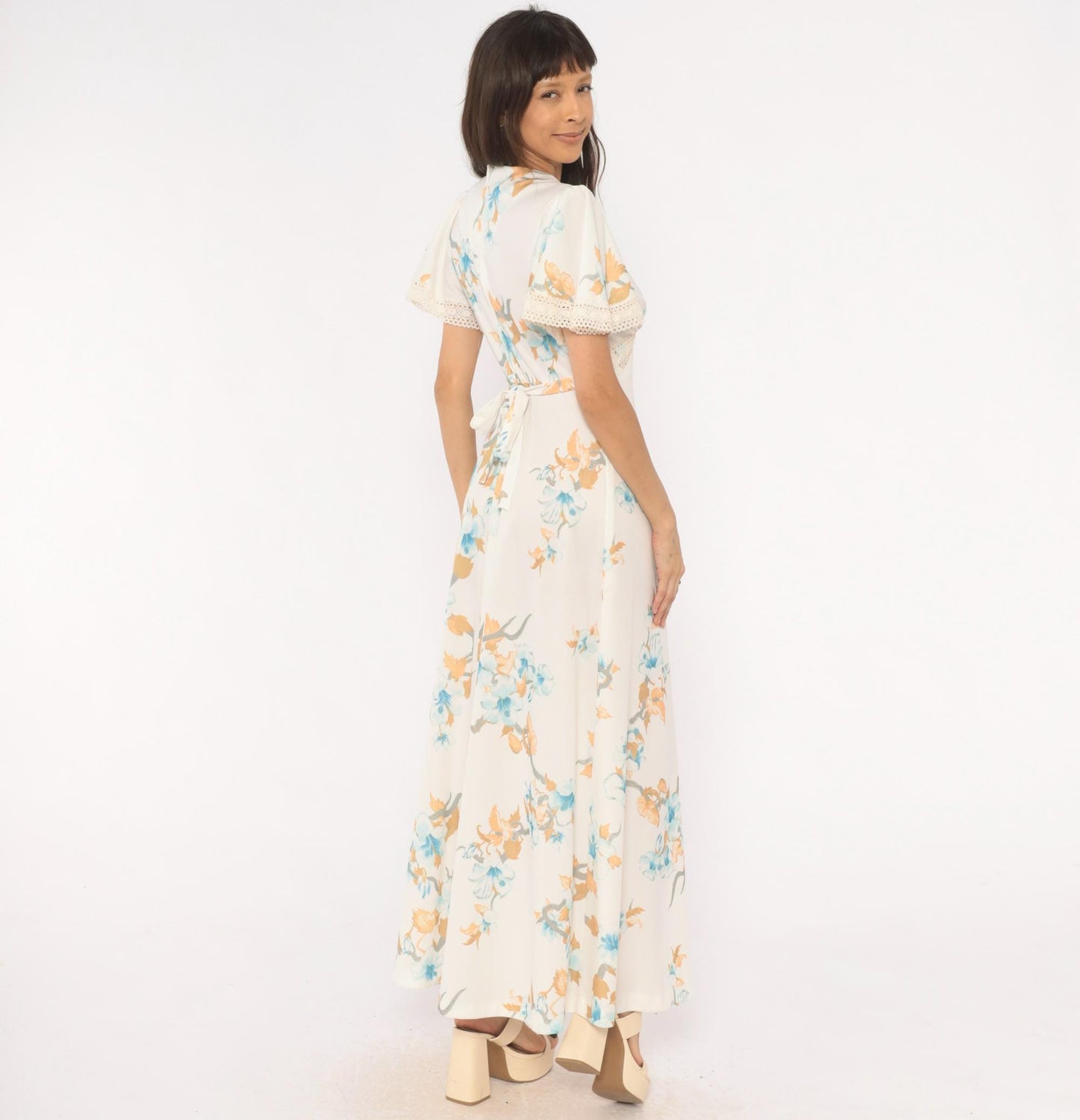 70s Floral Maxi Dress Crochet Lace V-Neck Puff Sleeve Ivory Blue Peach Large