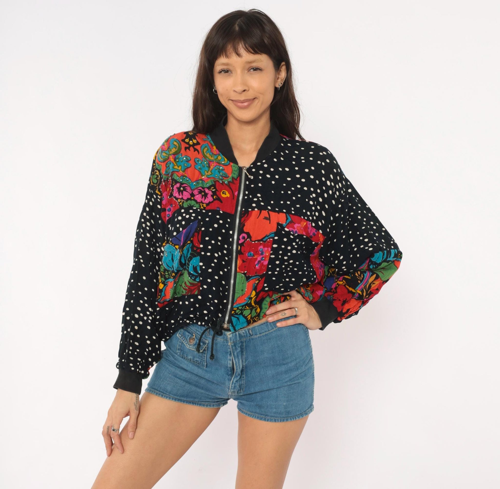 90s Tarazzia Patchwork Bomber Jacket Sequin Polka Dot Floral Small