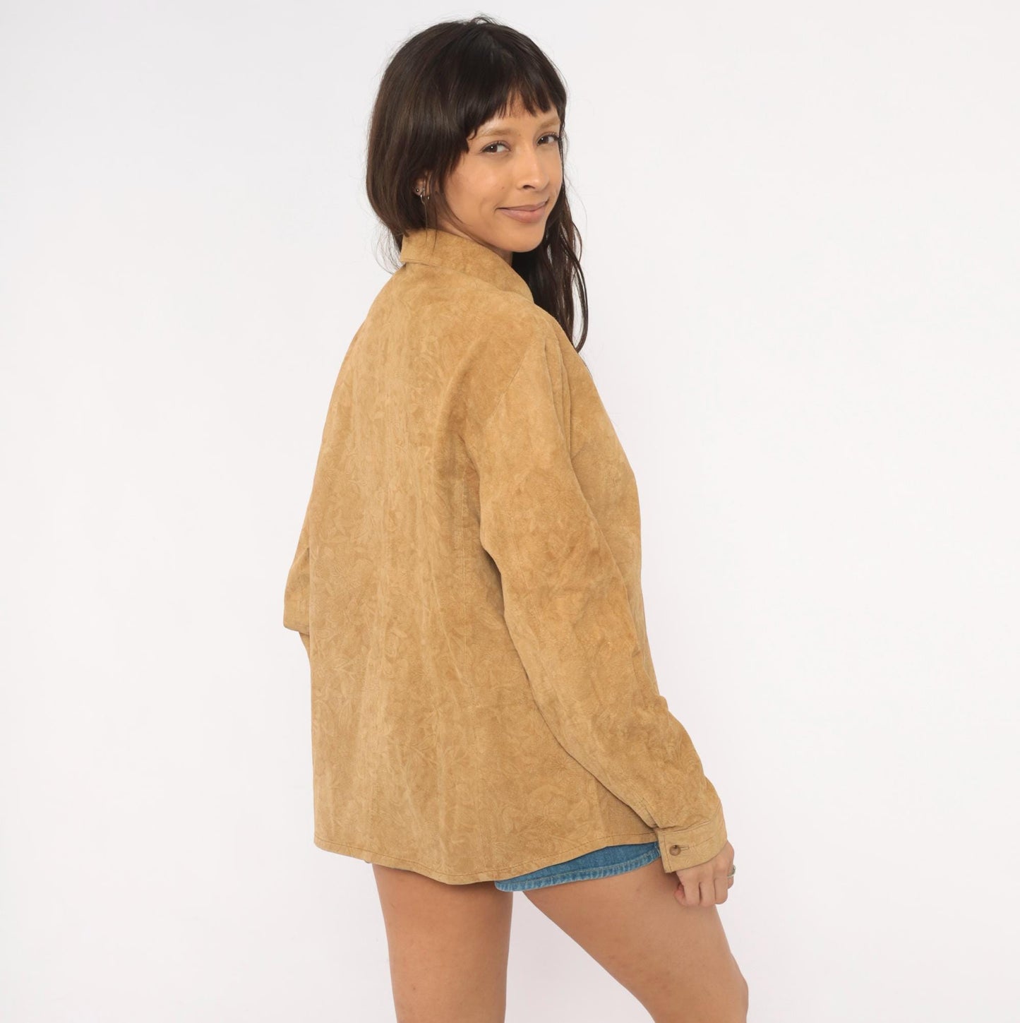 2000s Coldwater Creek Suede Shirt Embossed Floral Camel Button-Front Large L