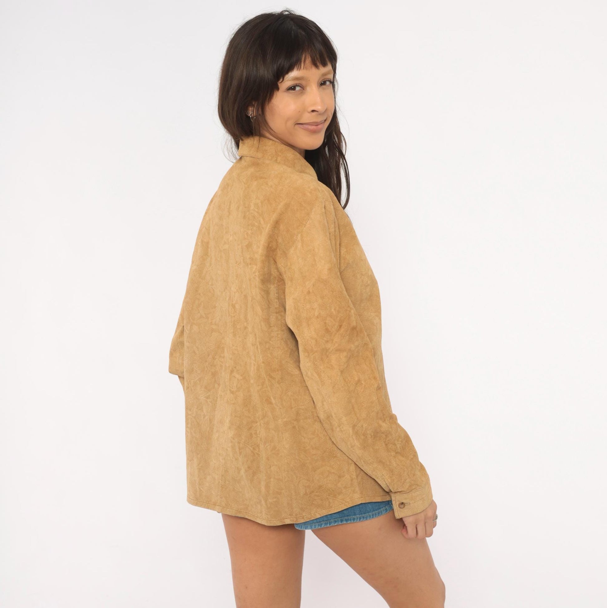 2000s Coldwater Creek Suede Shirt Embossed Floral Camel Button-Front Large L