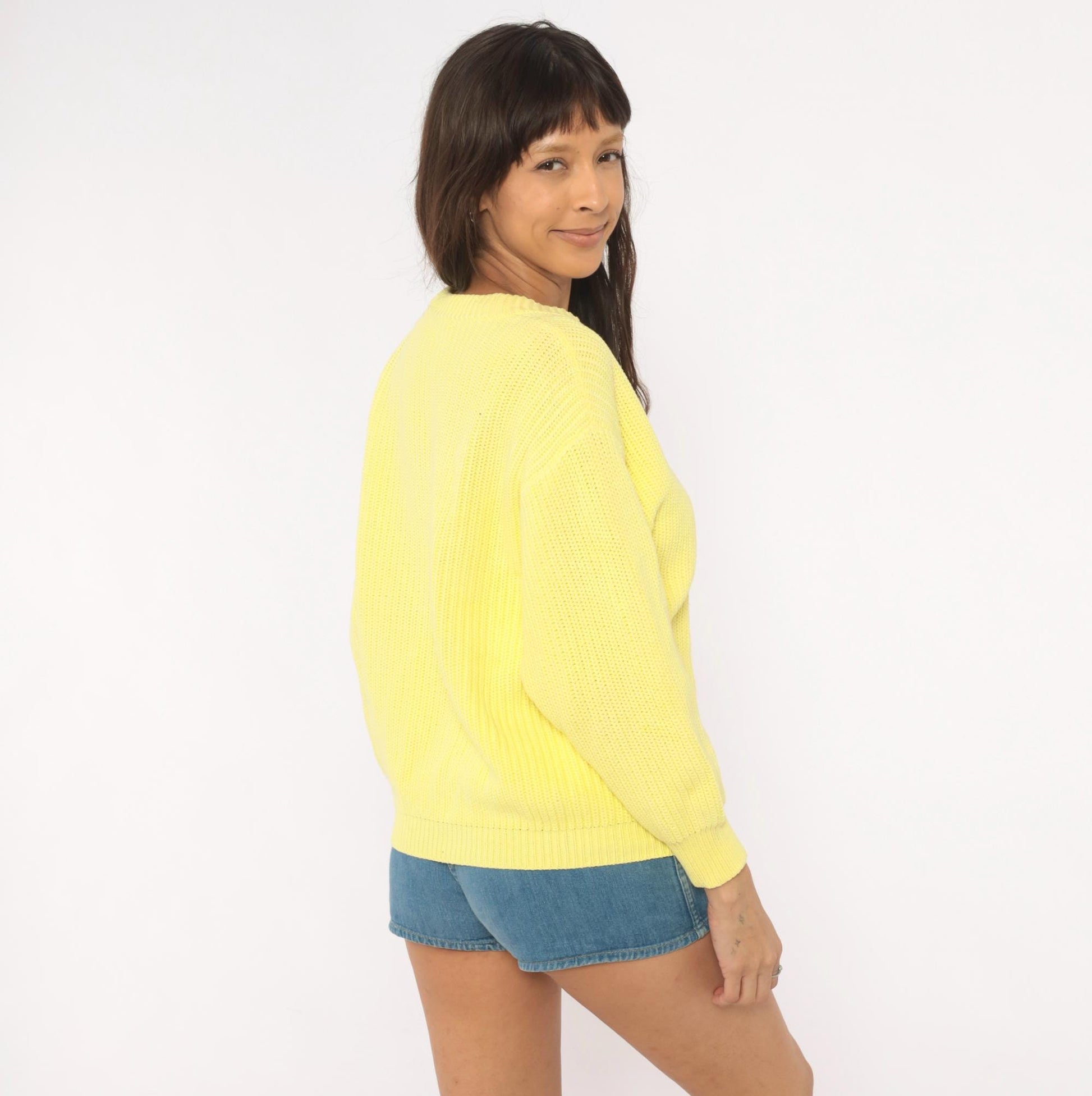 80s Benetton Pale Yellow Cotton Cardigan V-Neck Chunky Ribbed Large L