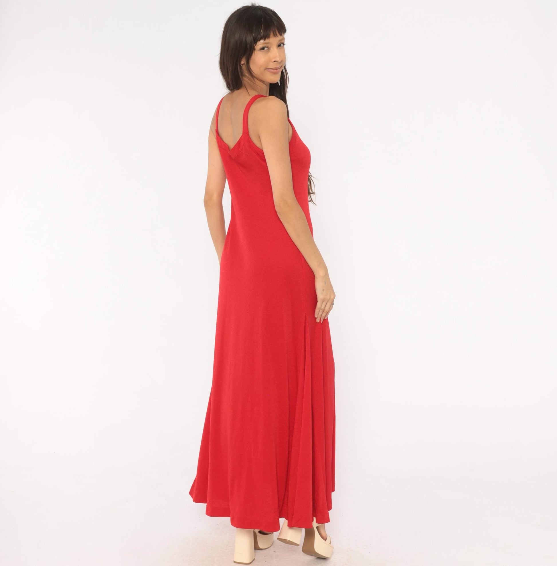70s Red Maxi Dress V Neck A-Line Slip Gown Strappy Tank Medium M