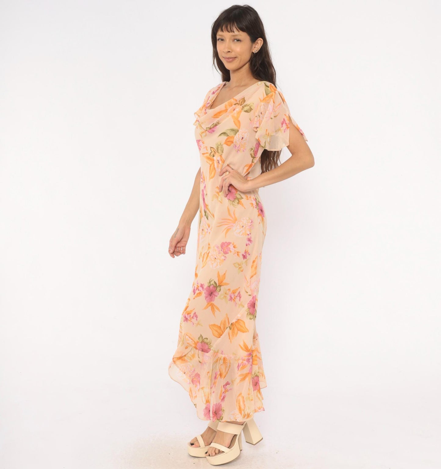 80s Jessica Taylor Peach Floral Maxi Dress Flutter Sleeve Cowl Neck Large L