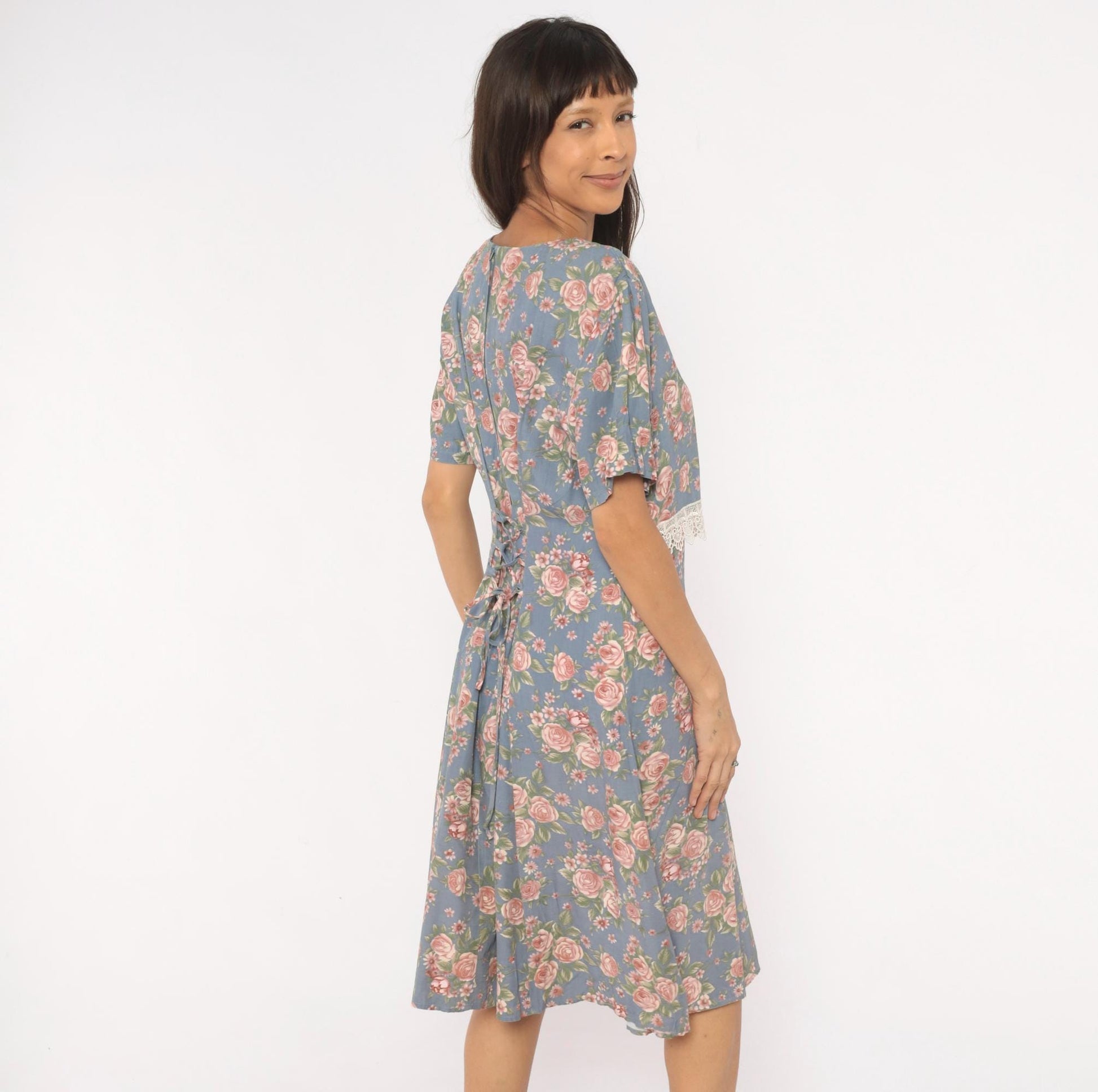 90s Ms. Basia California Floral Dress Dusty Blue Rose Print Flutter Sleeve Large L