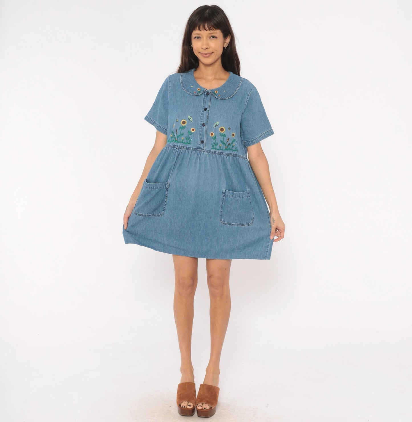 90s Bobbie Brooks Denim Babydoll Dress Sunflower Embroidered Peter Pan Collar Large L