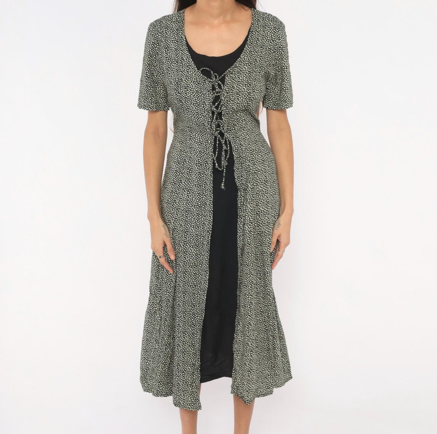 90s Statements Black Cream Dotted Midi Dress Lace-Up Front Medium