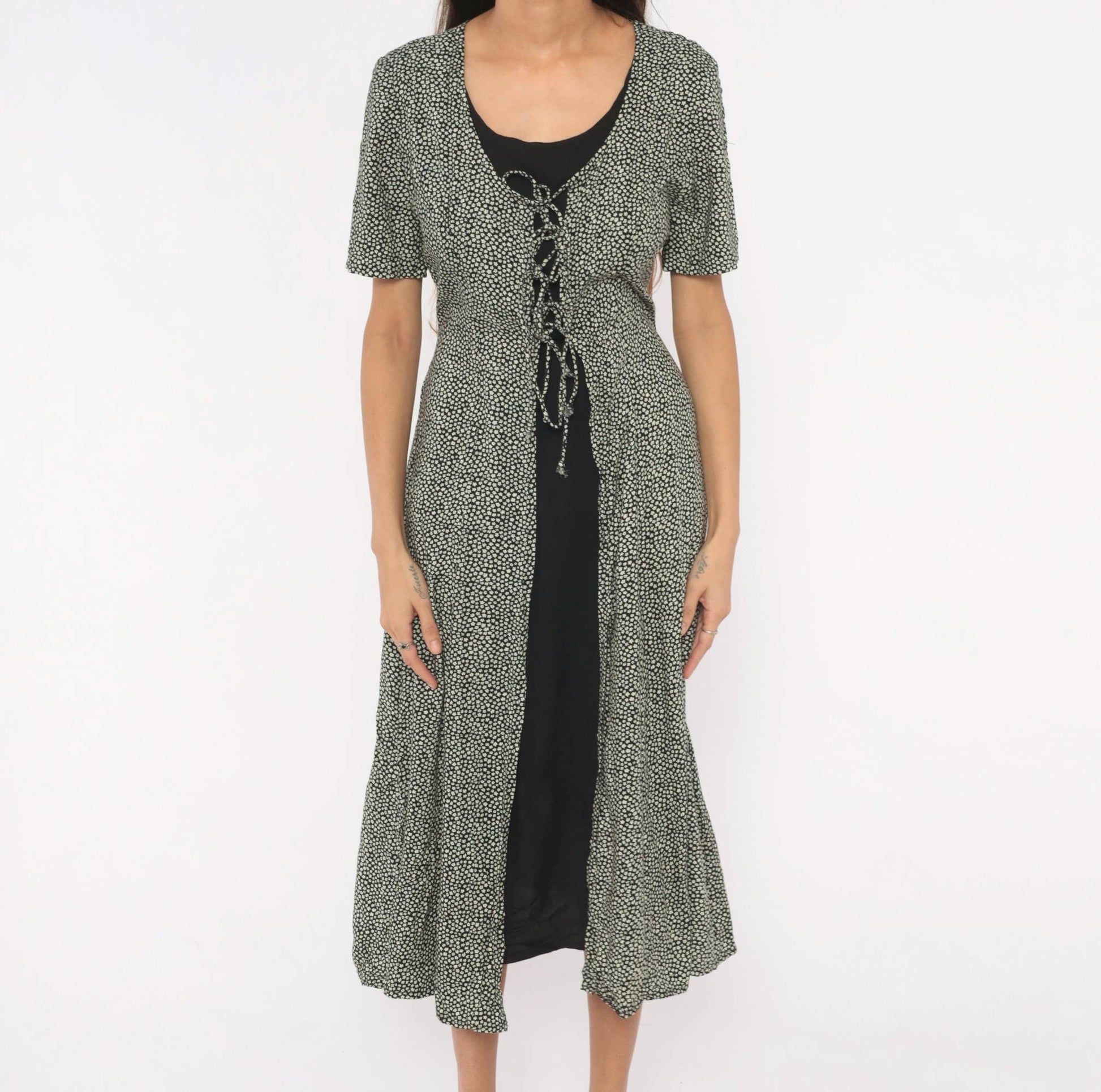 90s Statements Black Cream Dotted Midi Dress Lace-Up Front Medium