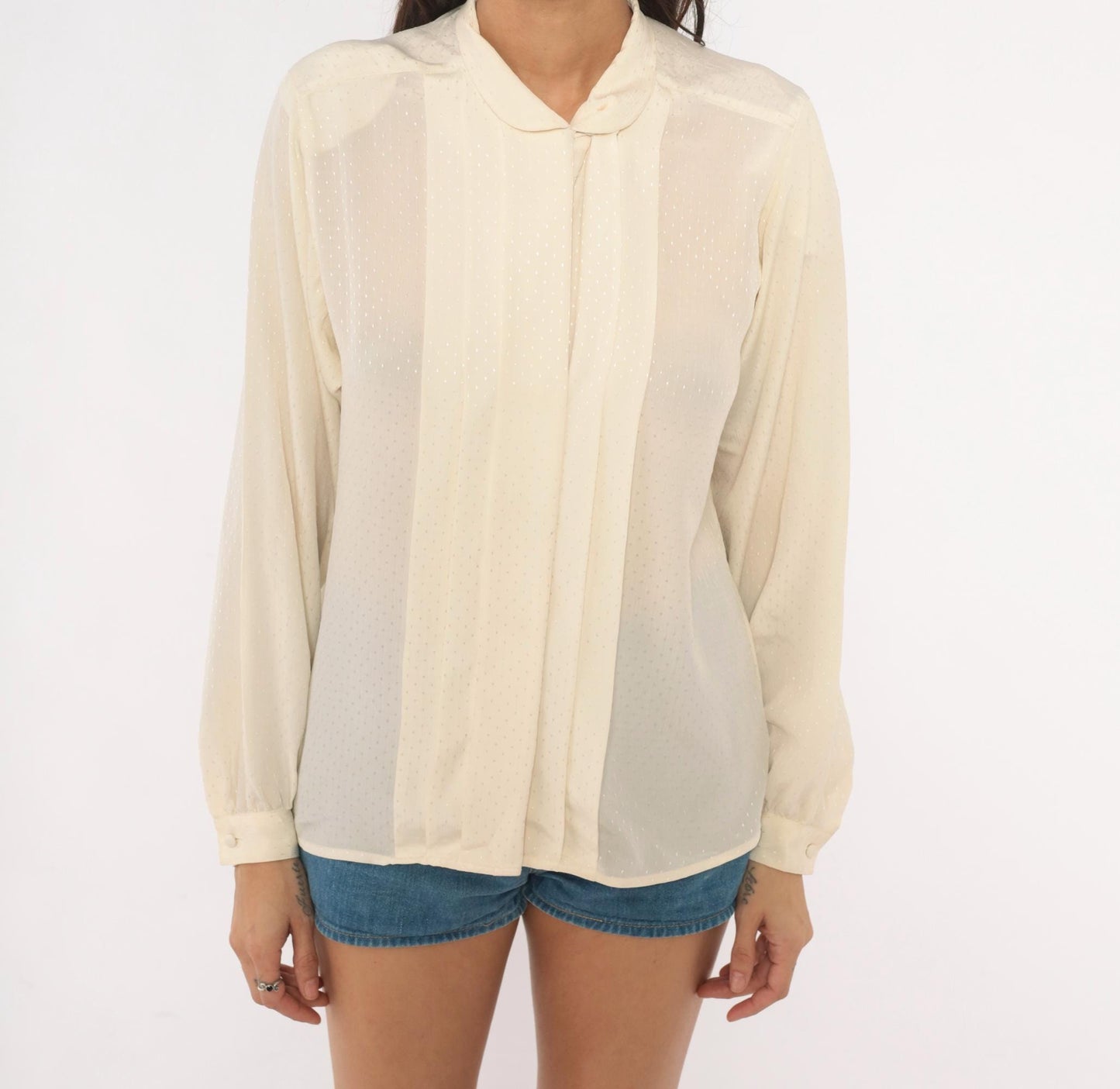 80s Country Suburbans Cream Swiss Dot Blouse Peter Pan Collar Small