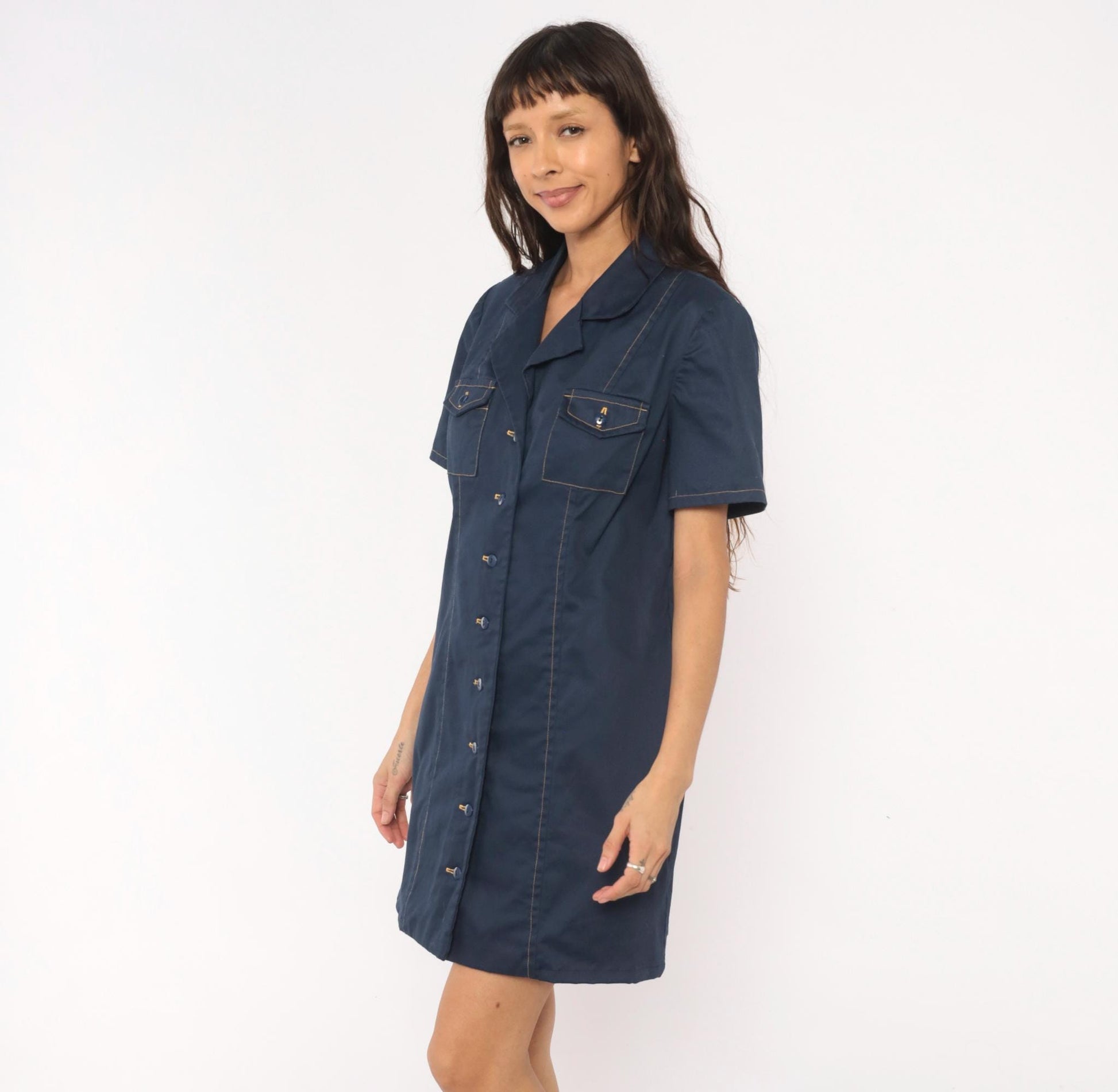 60s Navy Cotton Shirt Dress Button Front Notched Collar A-Line Medium M