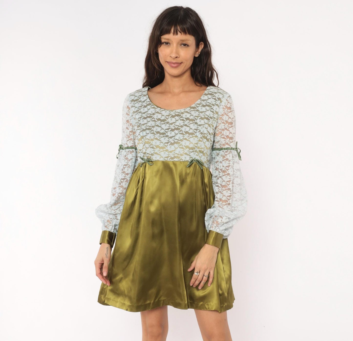 70s Olive Satin Babydoll Dress White Lace Empire Waist Balloon Sleeve Mini Medium