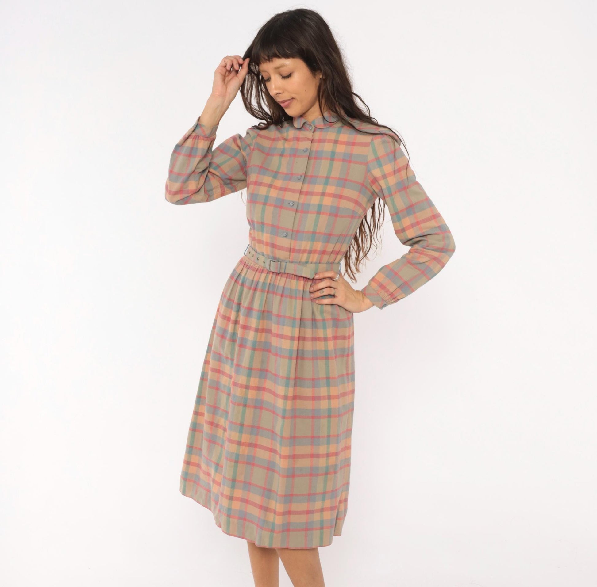 80s St. Maxime Plaid Shirtdress Peter Pan Collar Pastel Pink Blue Tan Medium