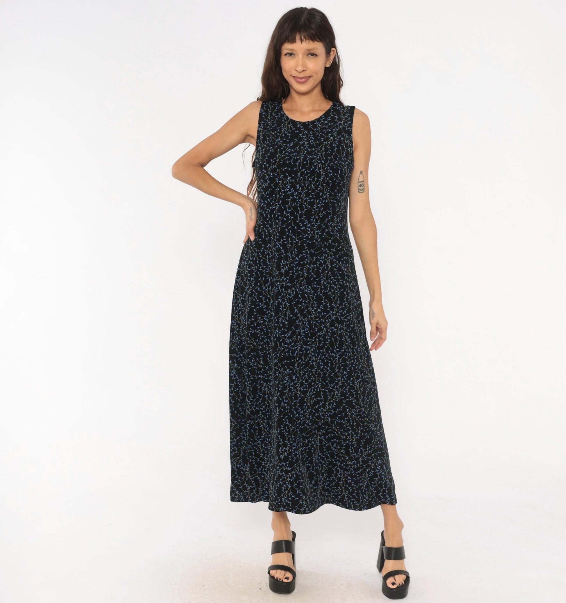 90s Black Vine Print Maxi Dress Blue Leaf Scoop Neck Tank Medium Large