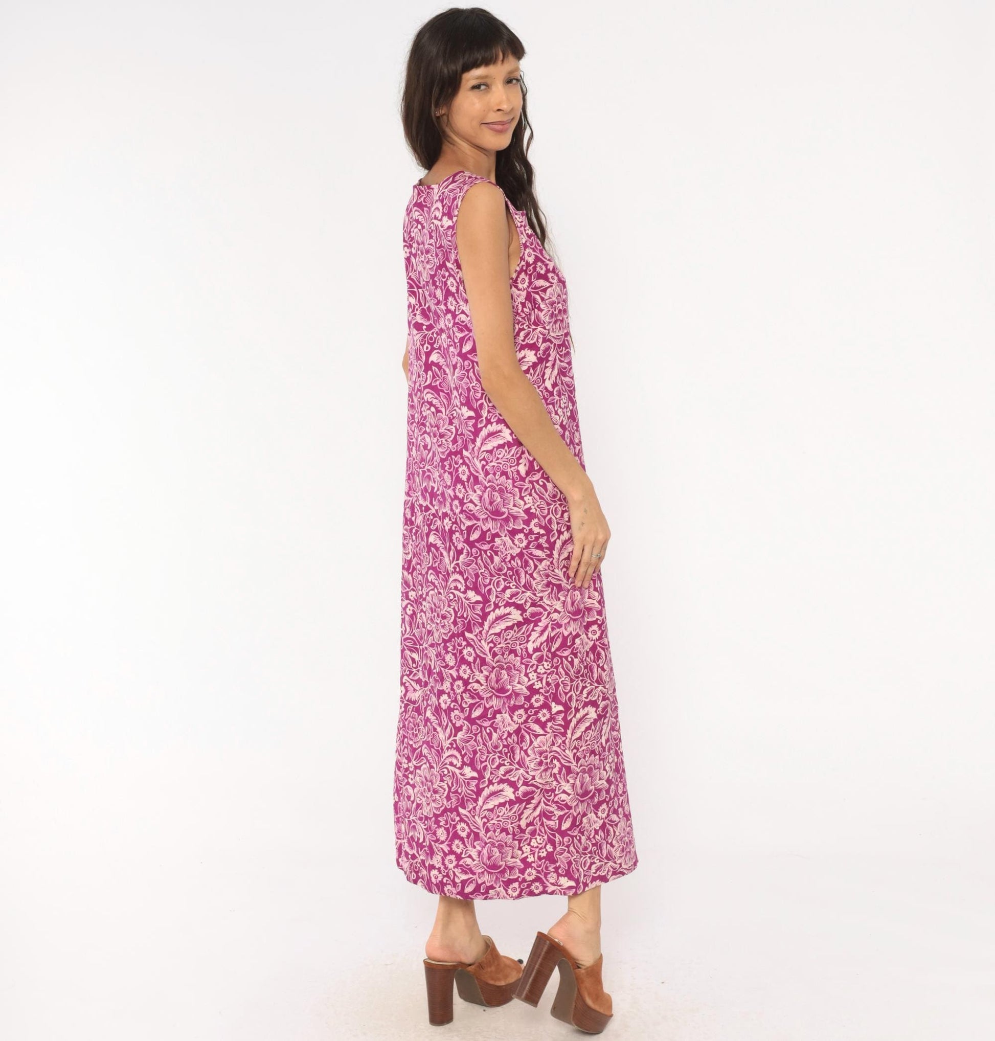 90s Rum Runner Silk Maxi Dress Purple Floral Botanical Print Medium M